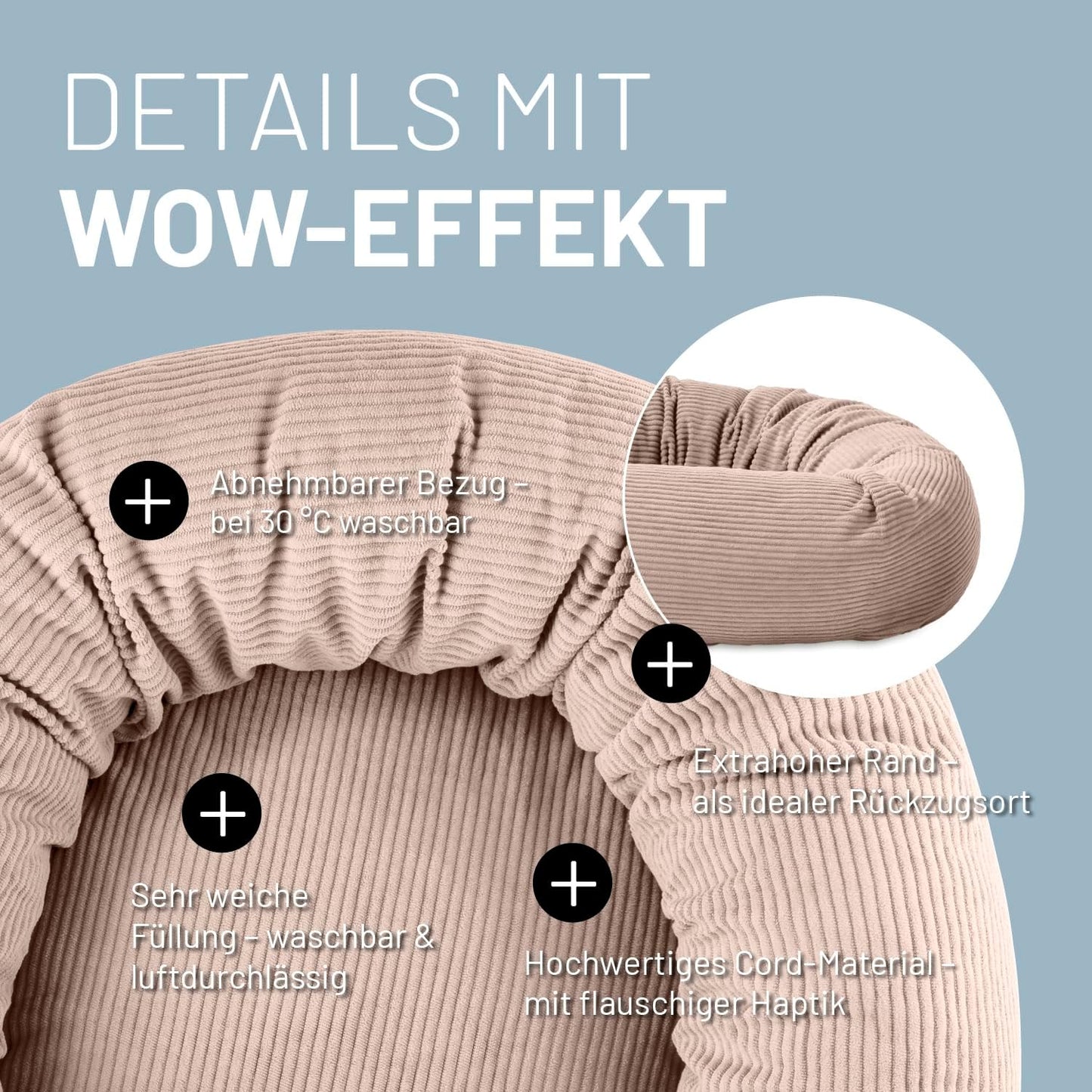 Komfort Katzenbett Cord, 60 cm mit Reissverschluss, Rose