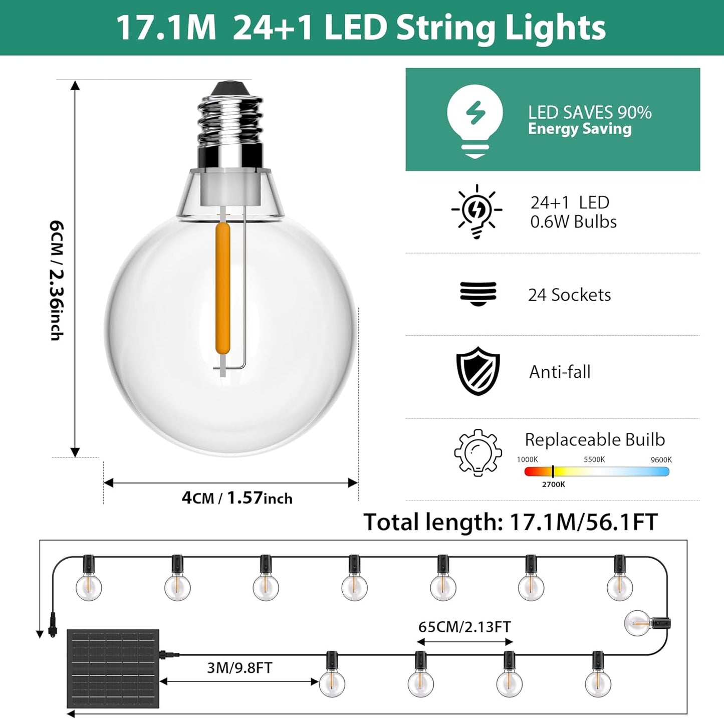 Solar-Lichterkette mit Fernbedienung, Usb/Solarbetrieben USB/solarbetrieben + 17,1M/56,1Ft( 24+1 )