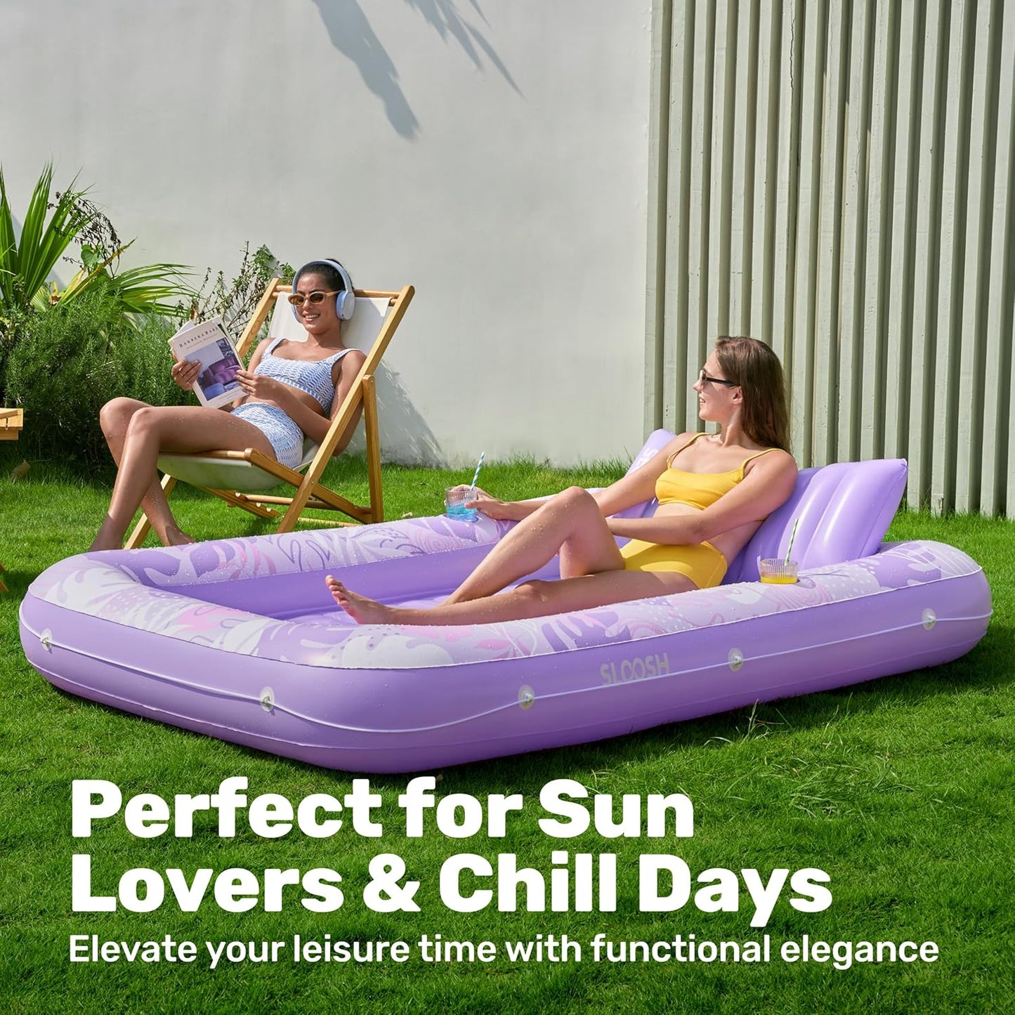 Aufblasbarer 4-in-1 Sonnenliegepool mit Kissen und Getränkehalter, Lila Tropen XL