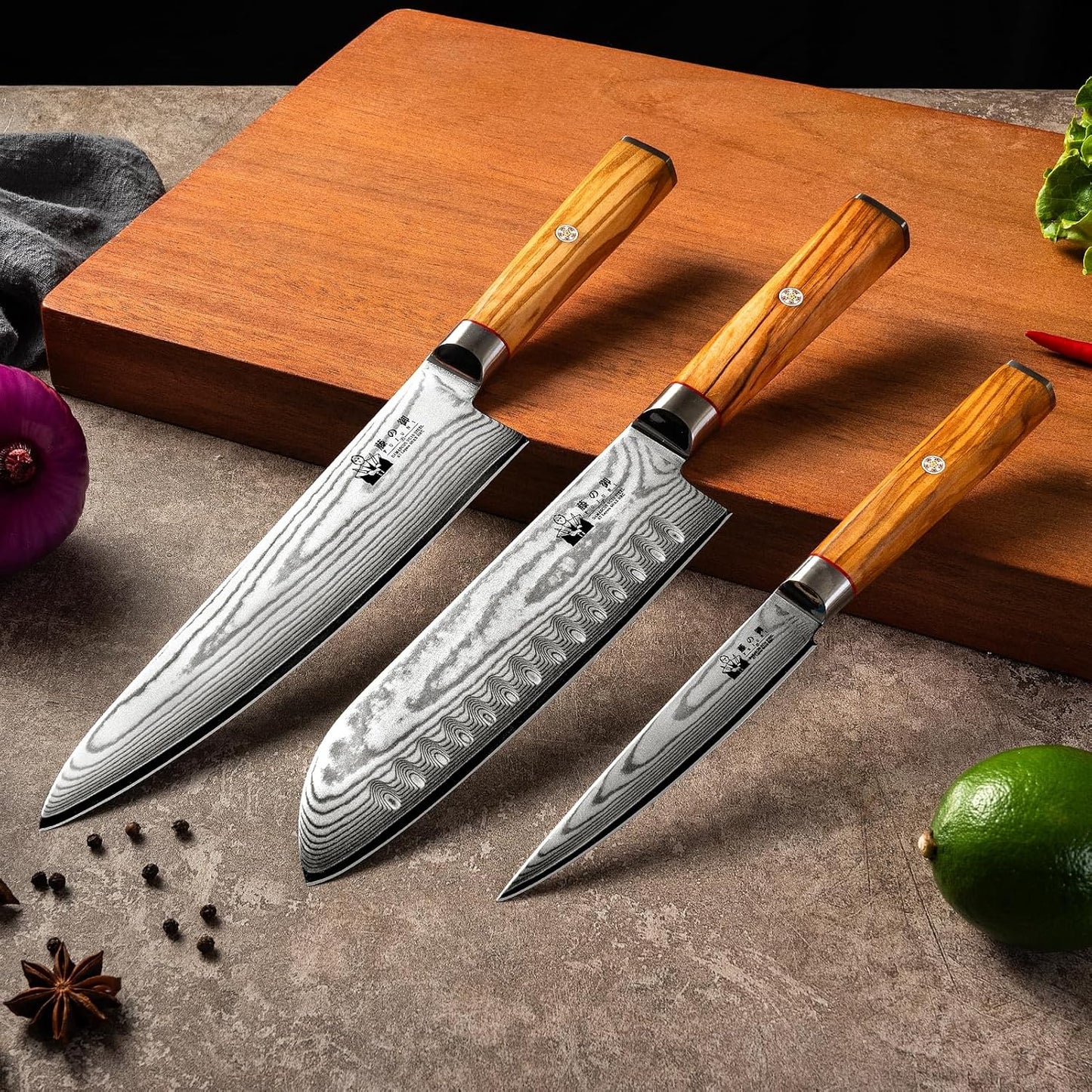 3-teiliges Damastmesser Set, Damastmesser Set