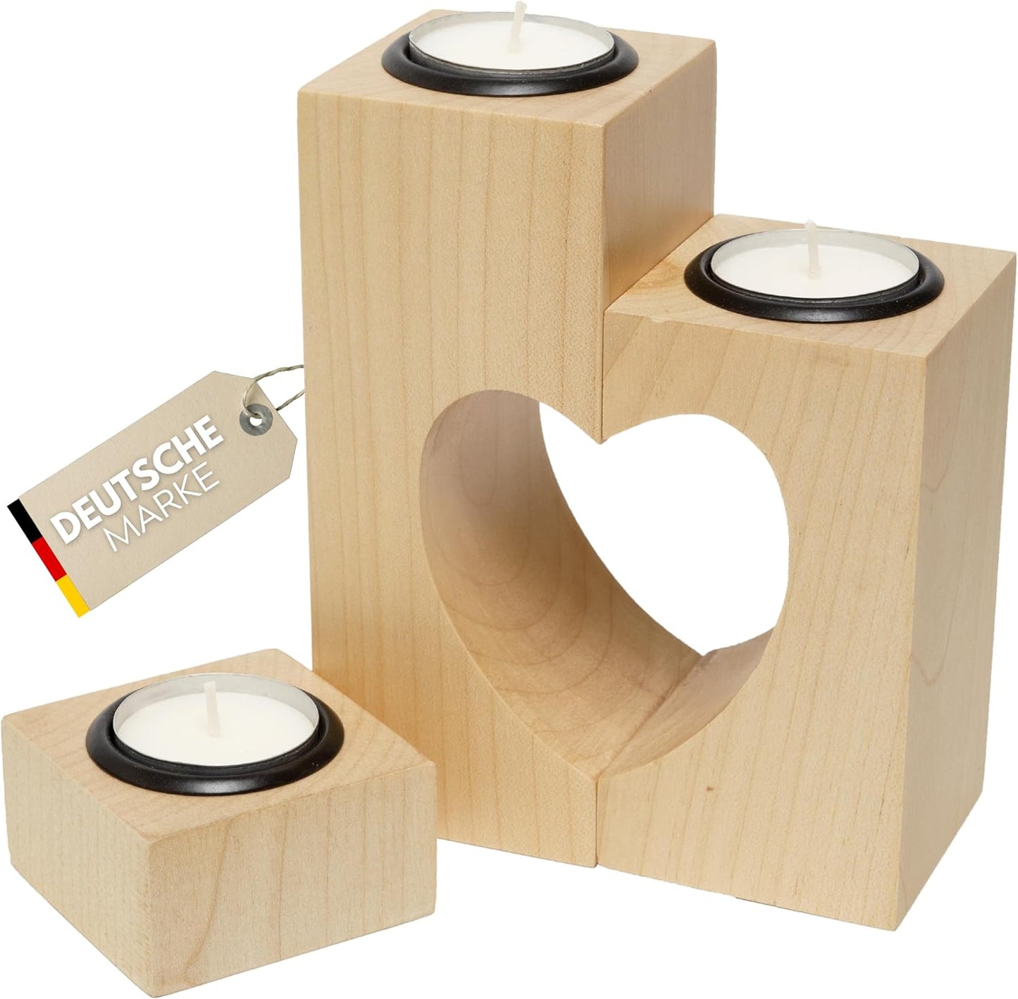 Herz Teelichthalter-Set aus Holz (3 Stück), Ahorn