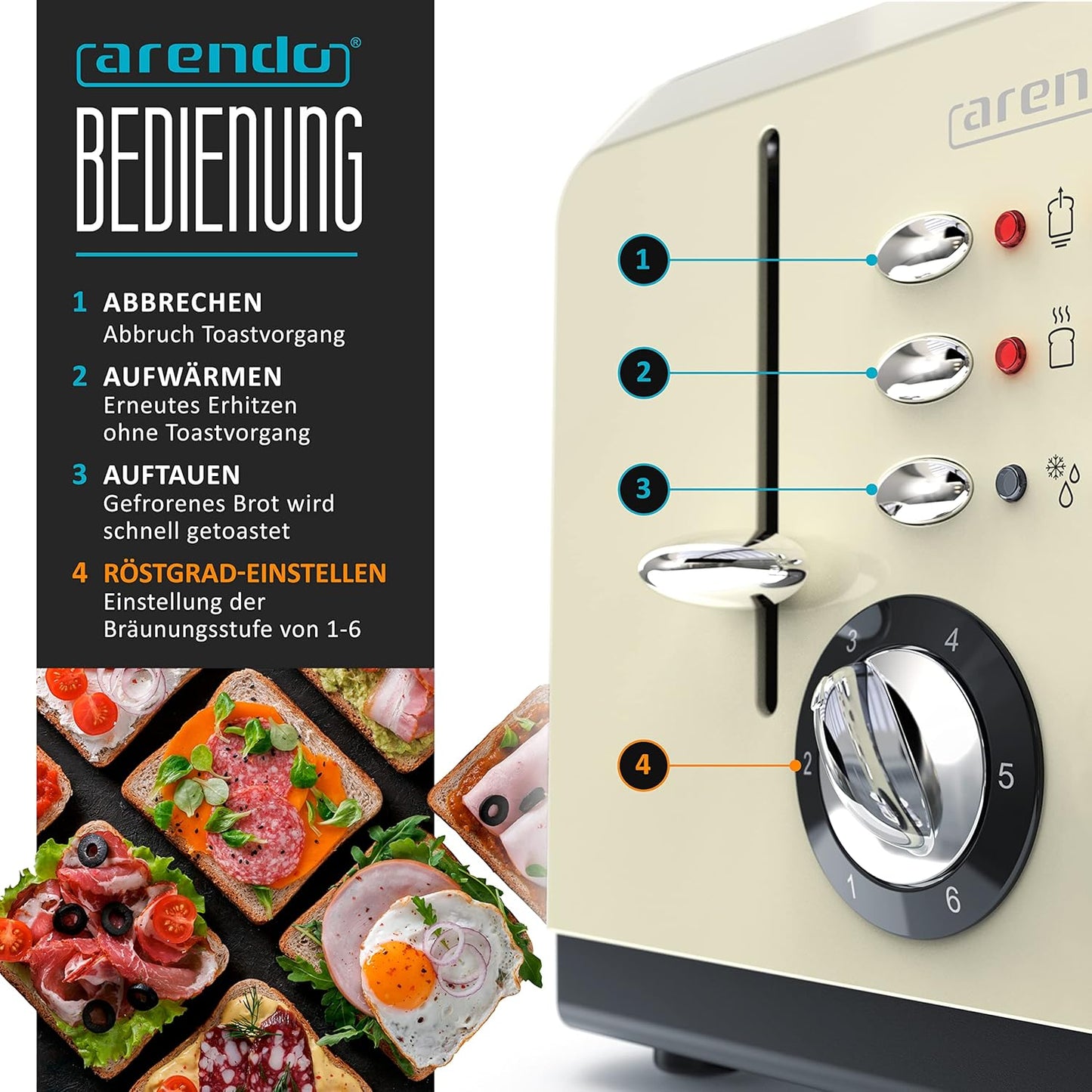 Breakfast X2 Toaster für 4 Scheiben, mit Auftau- Aufwärm- und Stoppfunktion, D: Beige