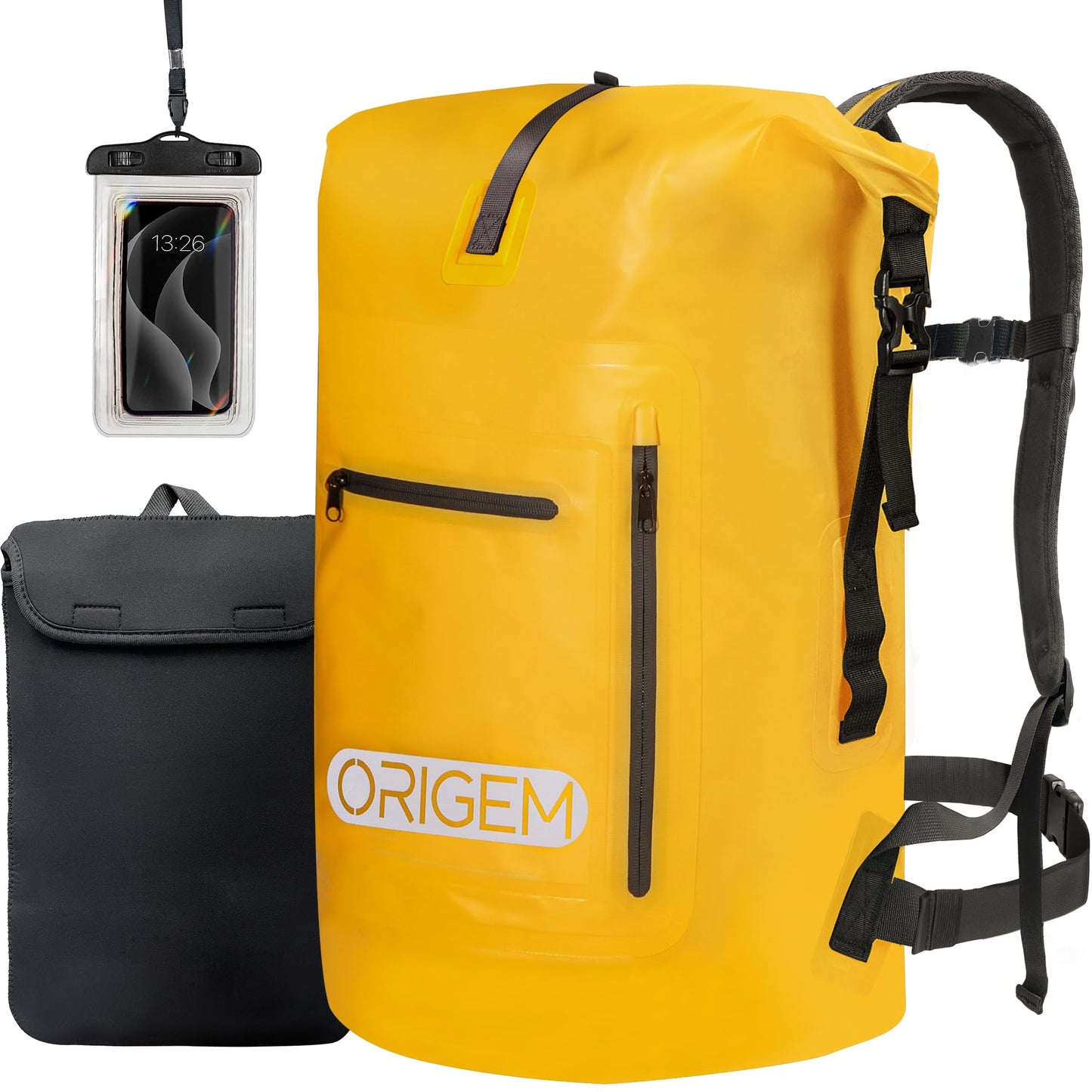 Wasserdichter Rolltop-Rucksack, 55 Liter, Gelb 55L