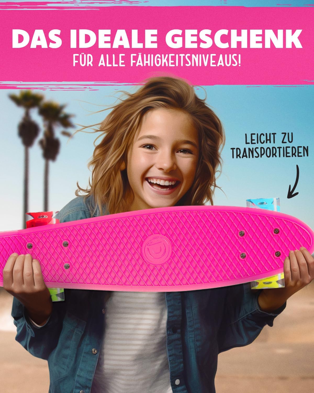 Skateboard mit LED-Rollen für Anfänger, 10 LED Rosa
