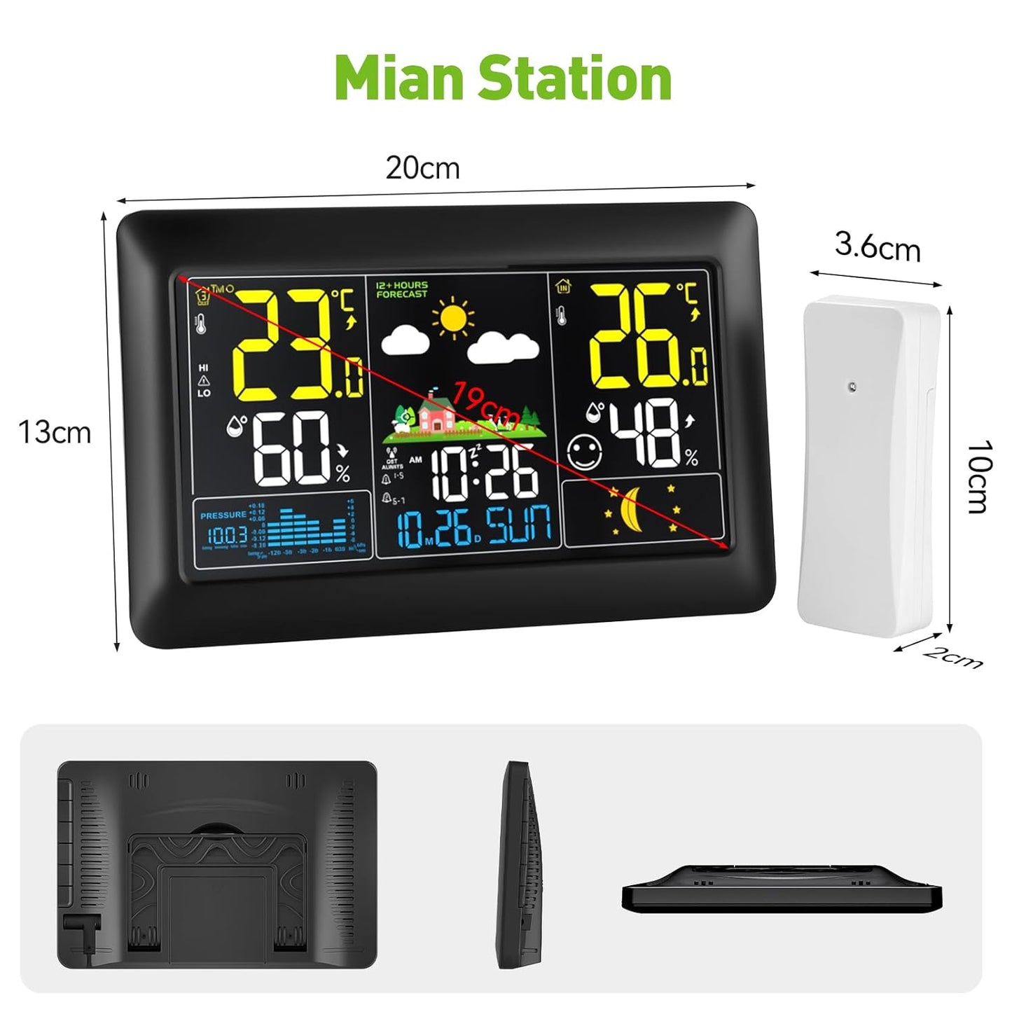 Funk-Wetterstation mit Aussensensor und Farbdisplay, Schwarz