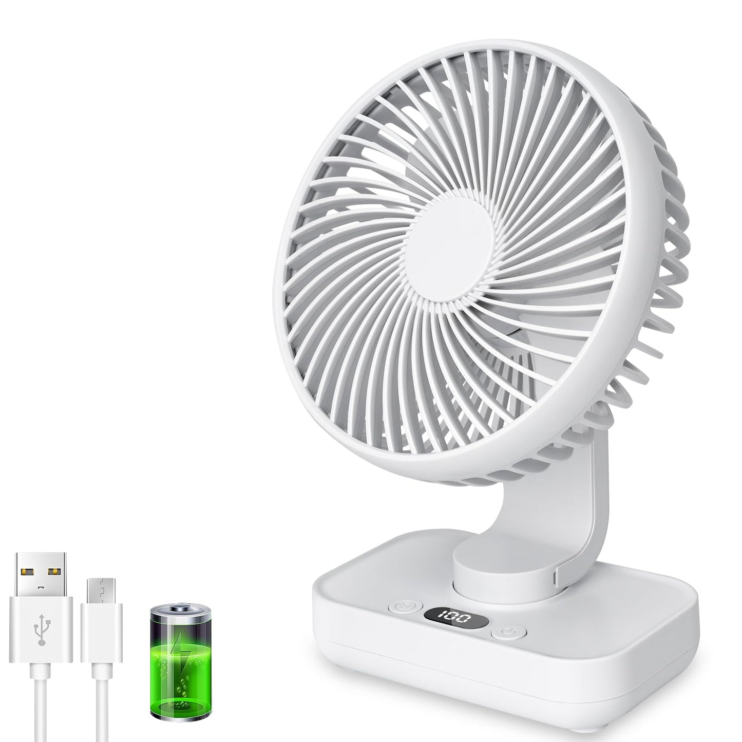 Oszillierender Tischventilator mit Akku und LED Display, Weiss