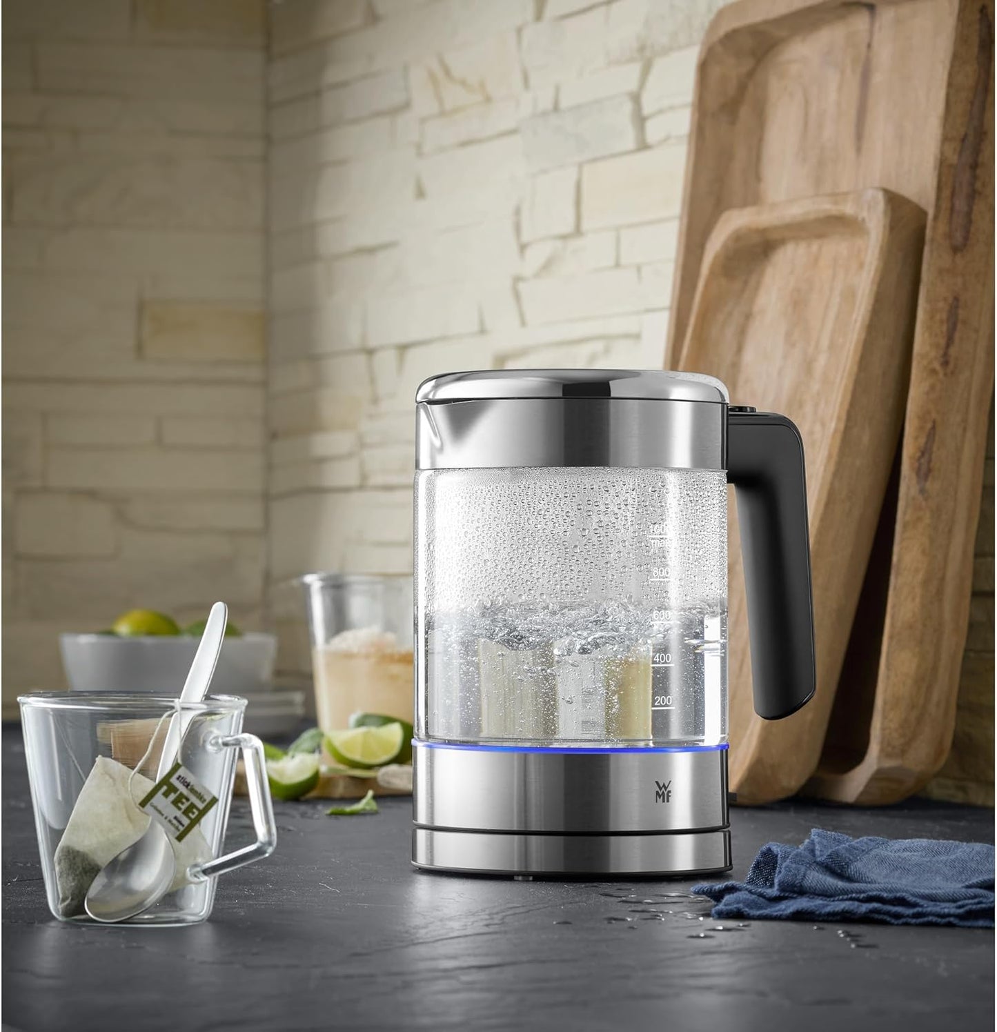 Küchenminis Glas-Wasserkocher mit Kalkfilter, Cromargan Matt, Single