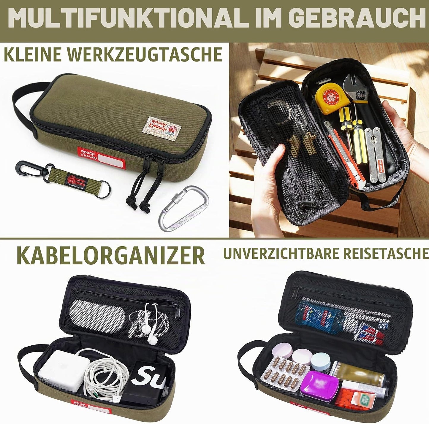 Kabel- und Werkzeug-Organizer Tasche mit Reissverschluss, Armee-grün