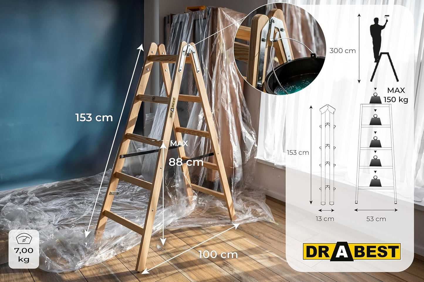 Holzleiter für Malerarbeiten, klappbar (2x5 Sprossen), 2x5 stufen