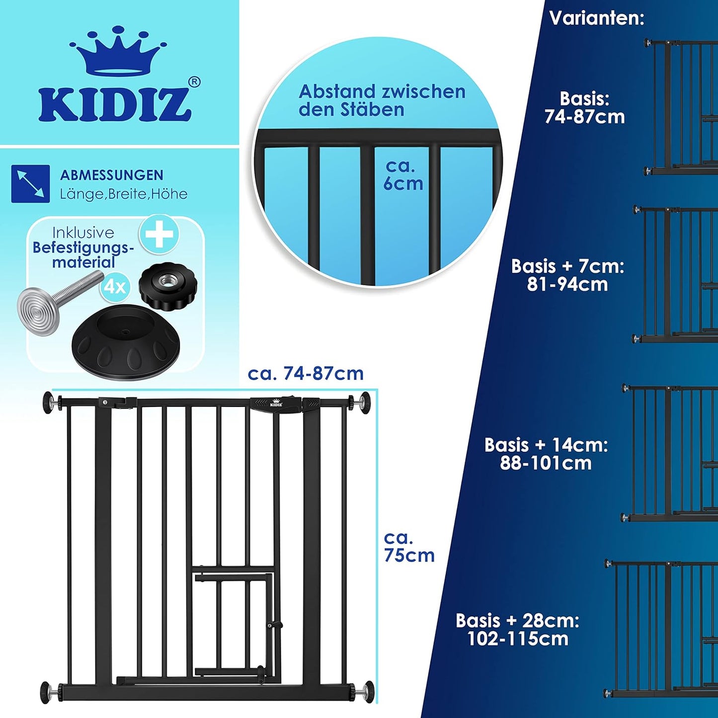 Absperrgitter mit Katzenklappe, Autoclose-Funktion, 74-87 cm Schwarz