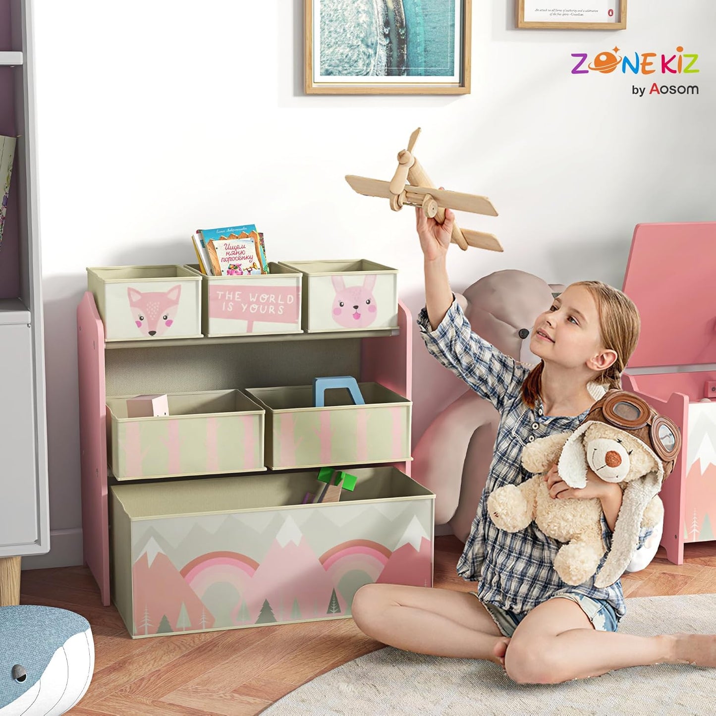 Kinder-Spielzeugregal mit Aufbewahrungsboxen, Rosa