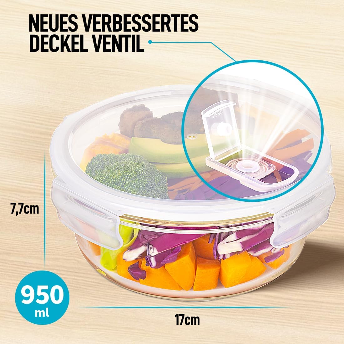 5-teiliges Glas-Frischhaltedosen-Set, luftdicht, Kreisförmig