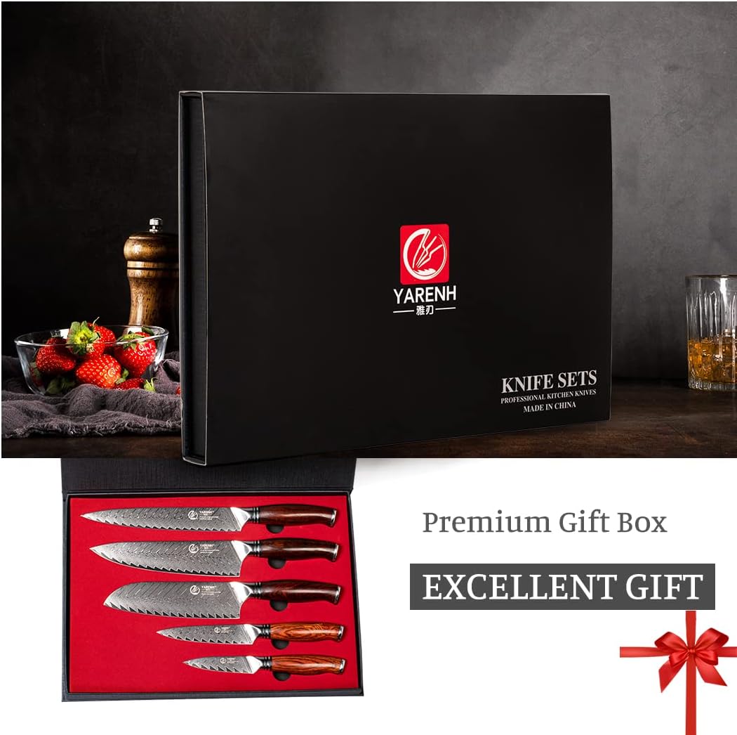5-teiliges Damast Küchenmesser-Set mit Geschenkbox, Kochmesser Set 5er