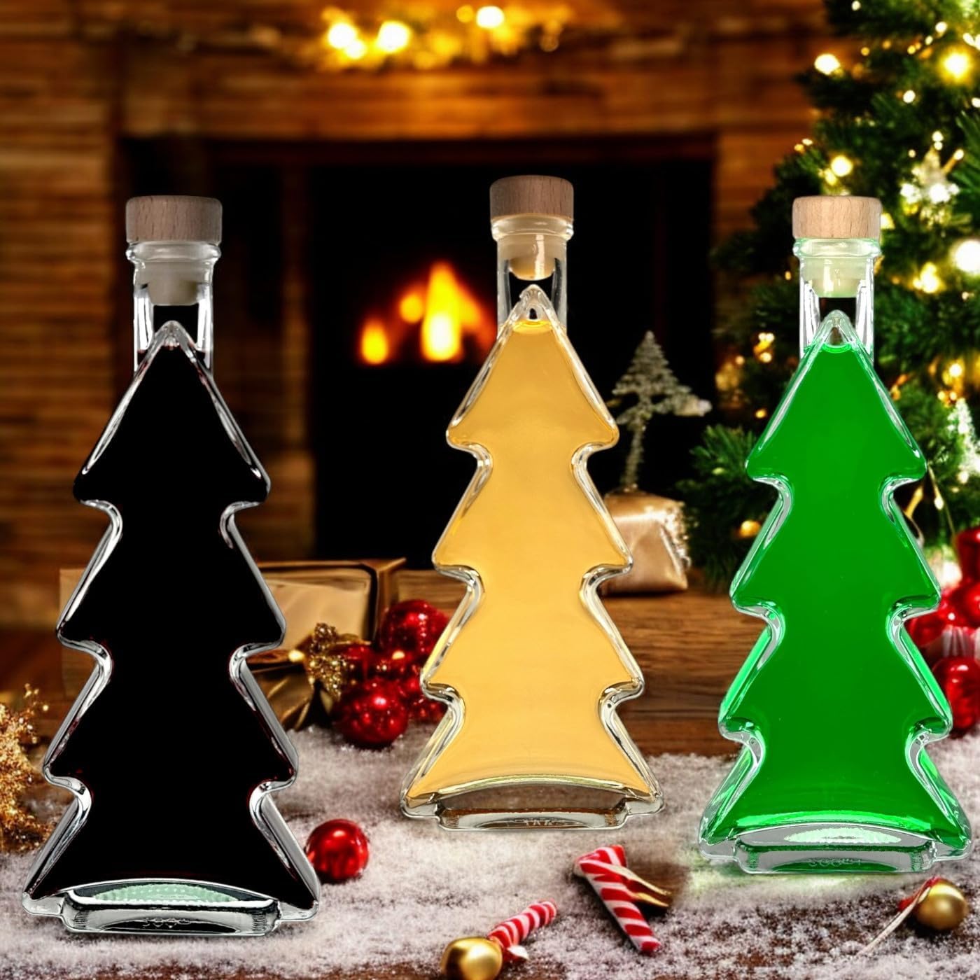 Glasflaschen-Set mit Korkverschluss und Tannenbaumform, Tanne/Klar 4 Stück