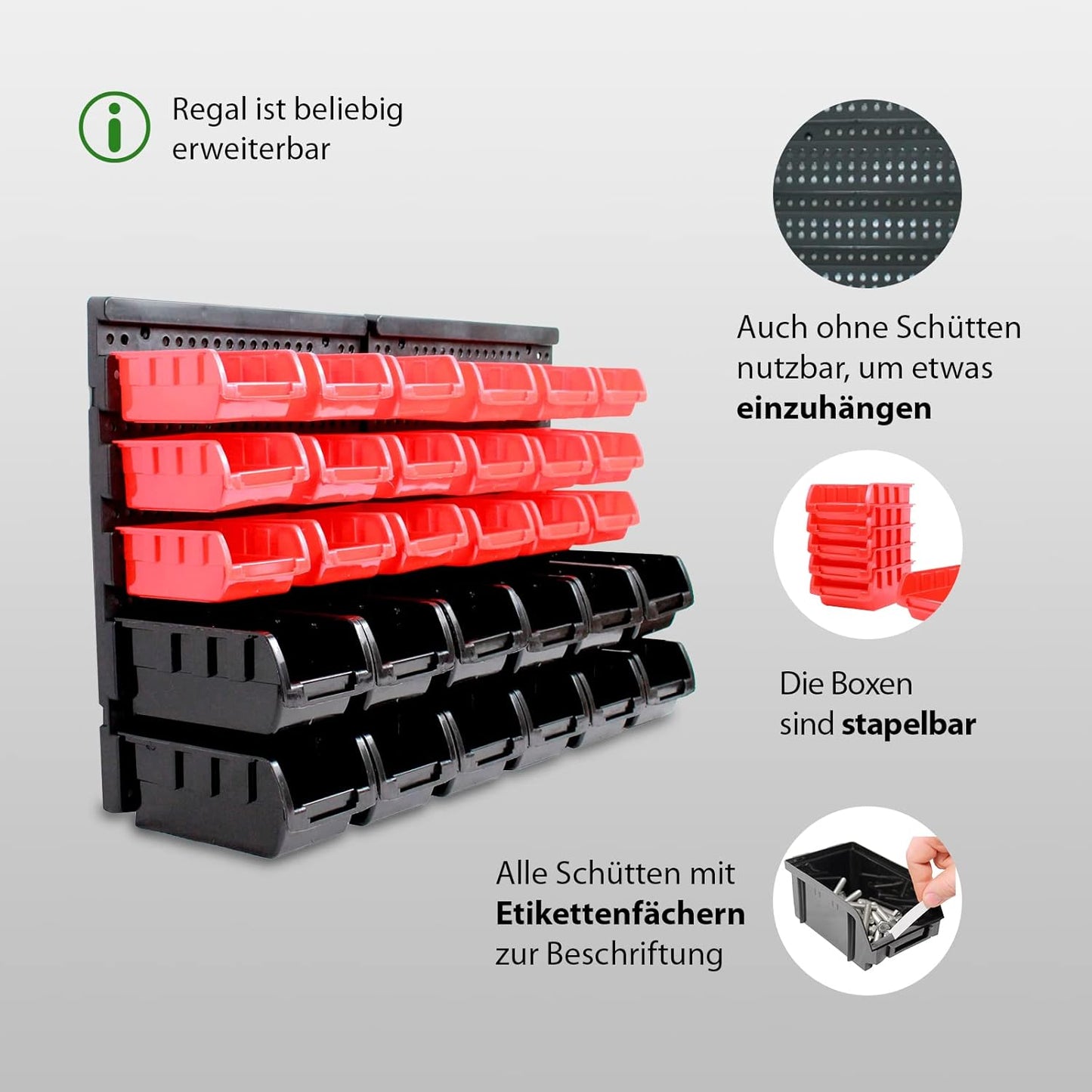 Werkzeugwand mit Stapelboxen, Rot