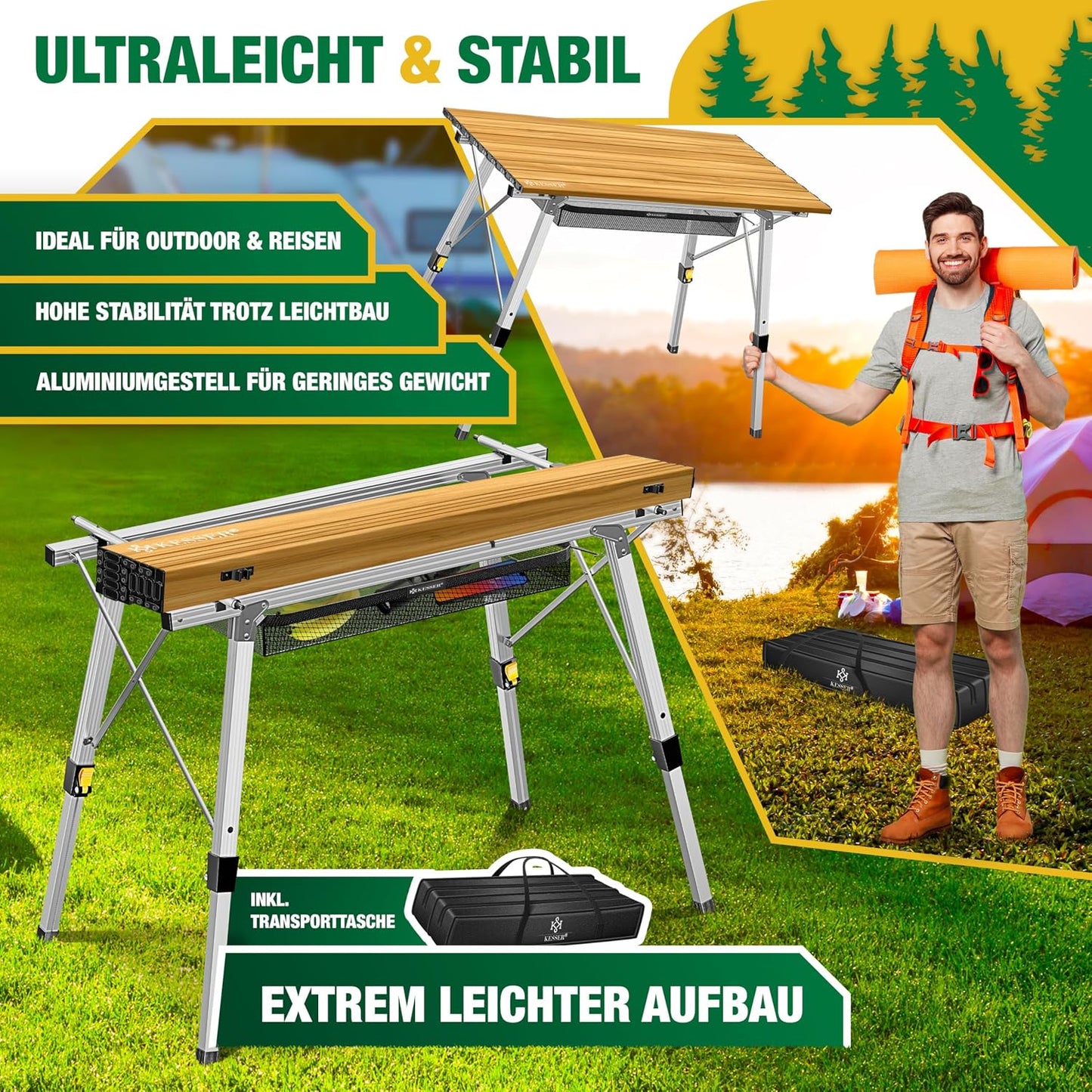 Faltbarer Campingtisch mit Aluminiumrahmen 90x53 cm, 90 cm x 53 cm Holz-optik