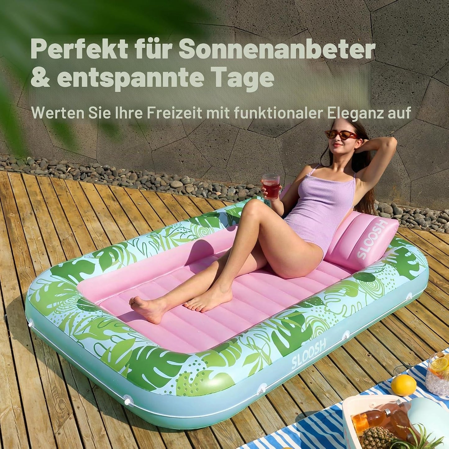 Aufblasbarer 4-in-1 Sonnenliegepool mit Kissen und Getränkehalter, Cyan-rosa L