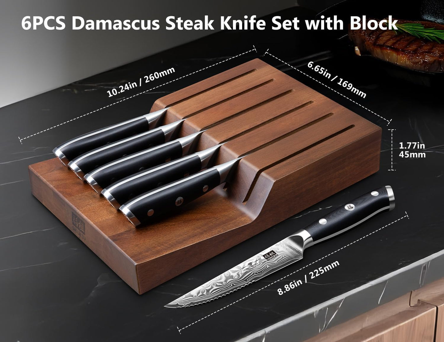 Pro Series Steakmesser-Set mit Wellenschliff und Messerblock, Steakmesser mit Block