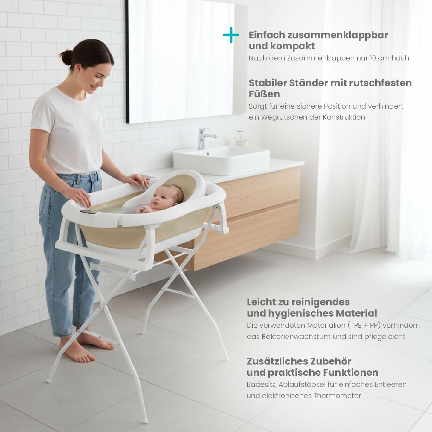 Faltbare Babybadewanne mit Badesitz und Thermometer, Premium Beige (Gestell, Badesitz, Thermometer) Faltbare Babybadewanne mit Gestell