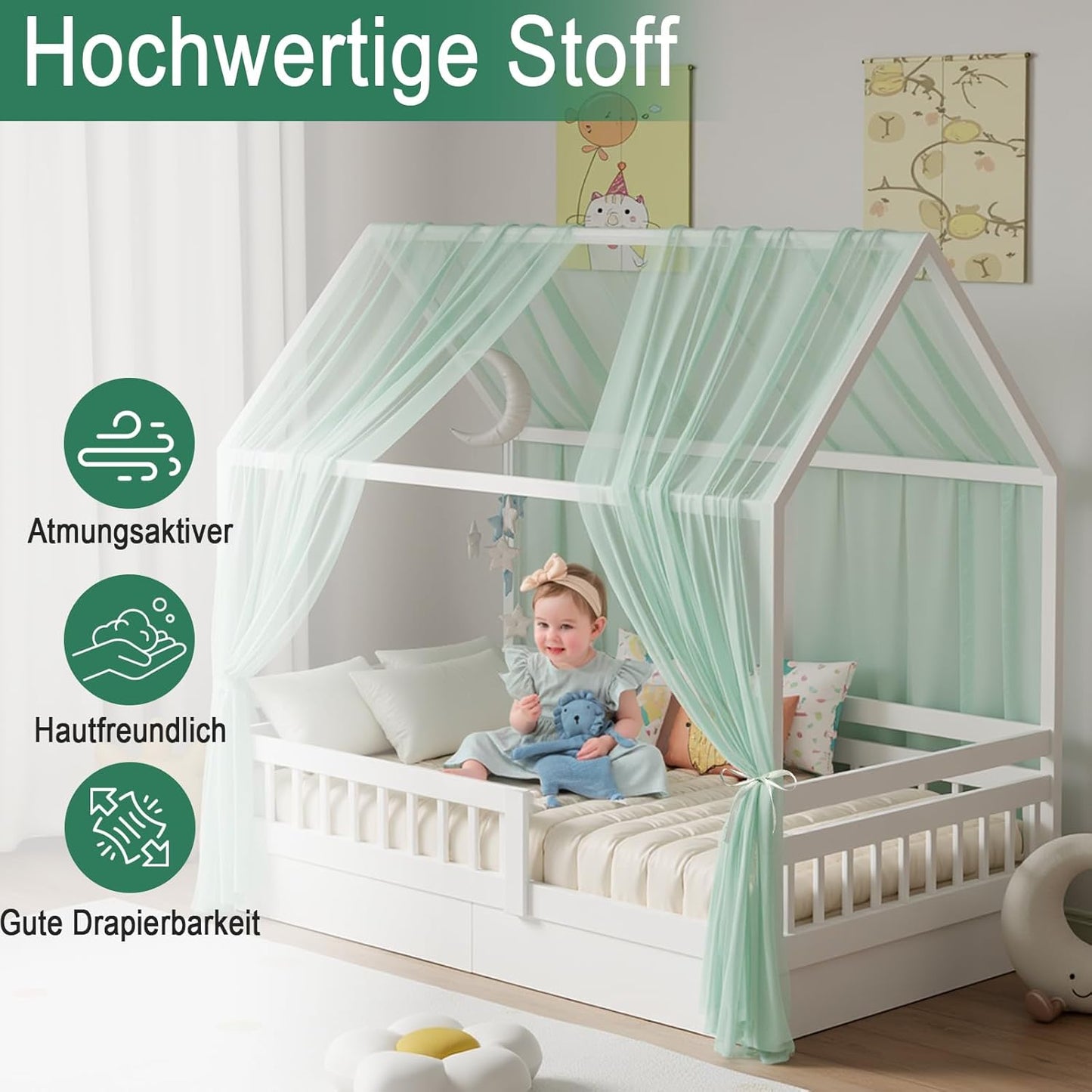 2-teiliges Betthimmel-Set für Hausbetten, H350 x B150 cm (2er Pack) Grün