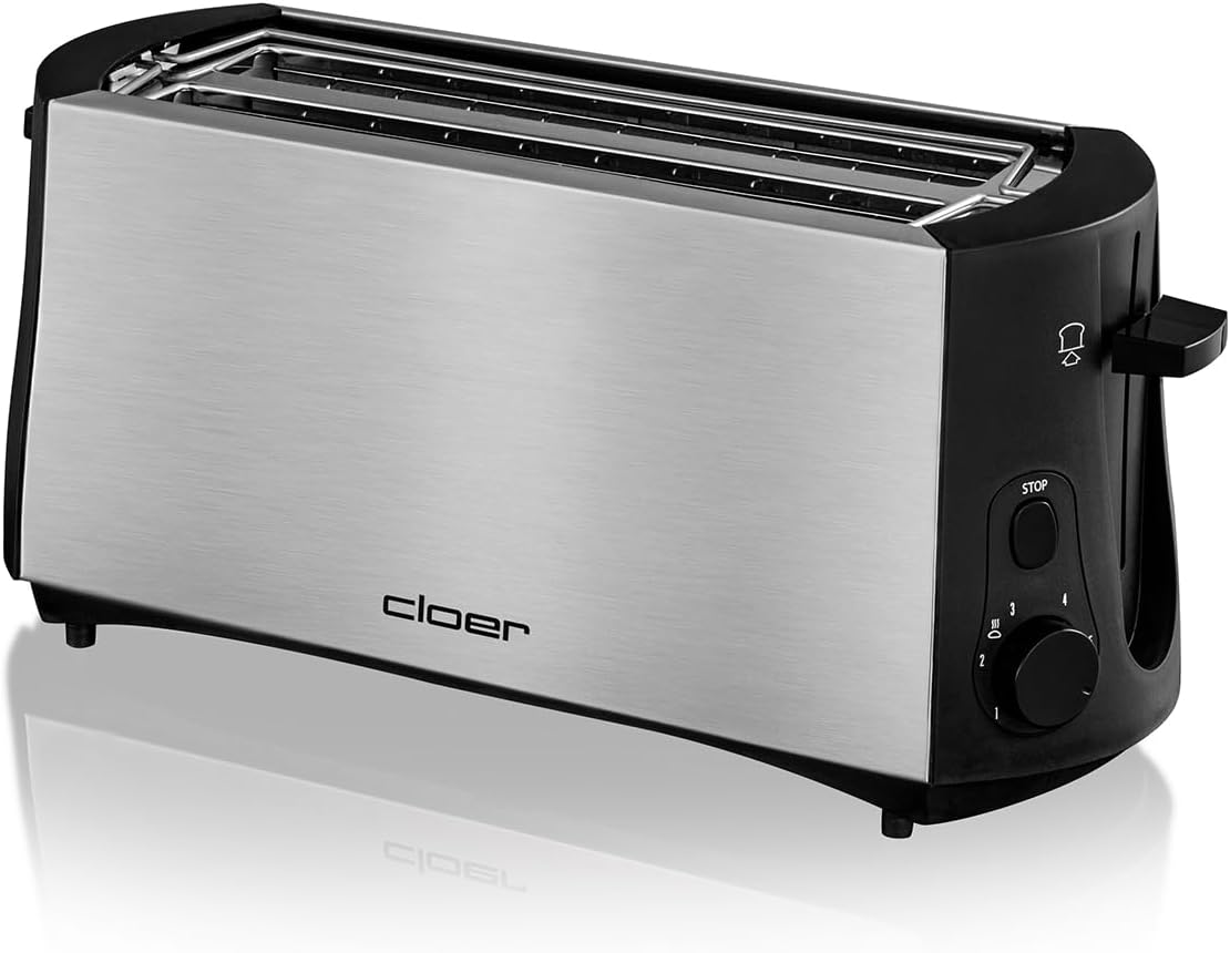 Langschlitztoaster für 4 Scheiben mit Brötchenaufsatz, Edelstahlgehäuse 4 Scheiben Langschlitz Single