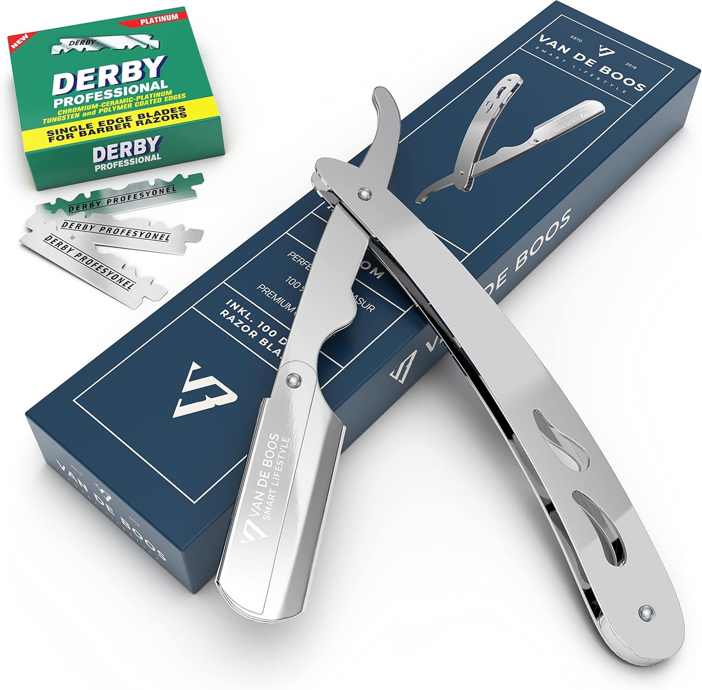 Rasiermesser-Set, Chrom Silber + 100 Derby Professional