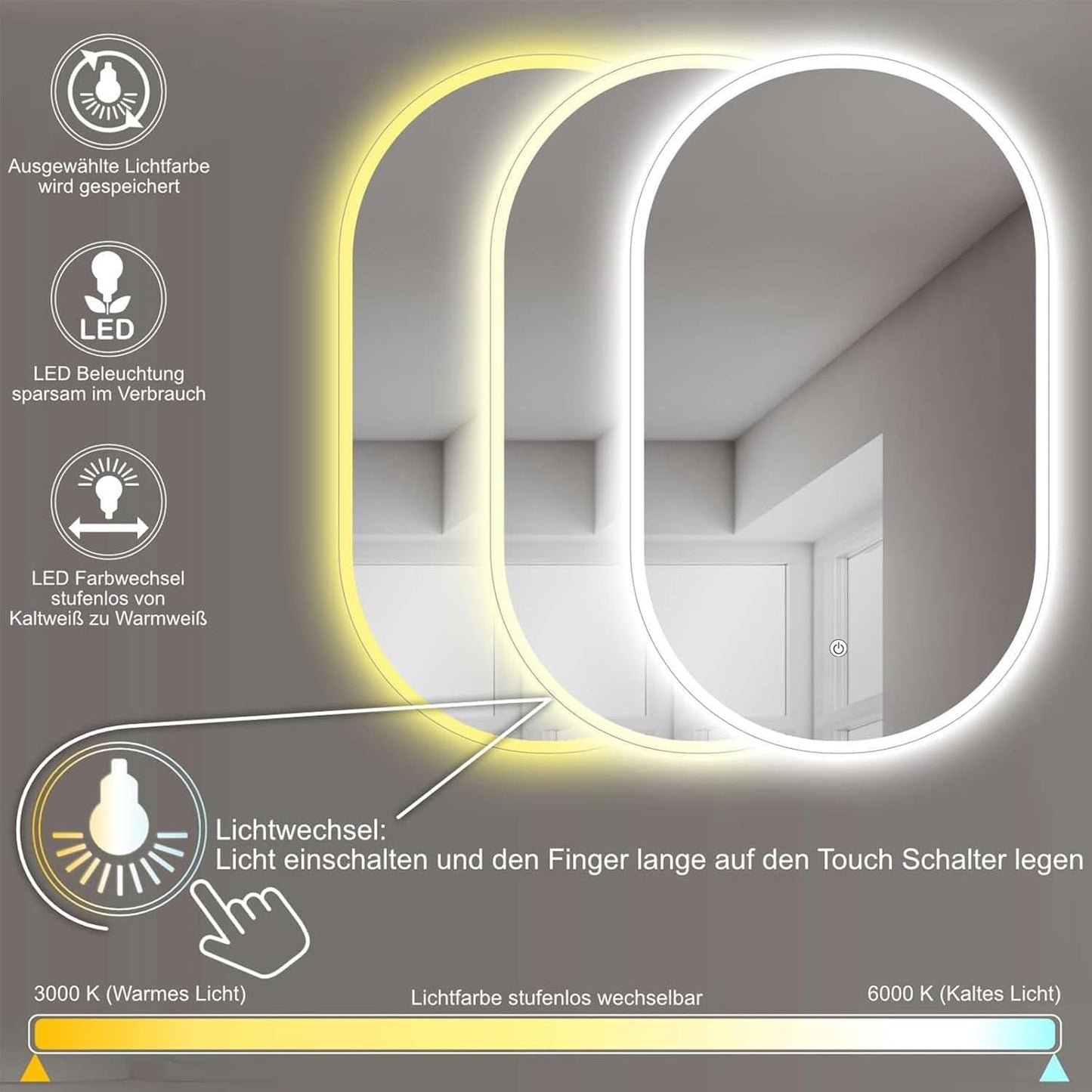 Ovaler LED-Badspiegel mit Touch-Schalter 45x75cm, 75L x 45B cm Oval-rahmenlos