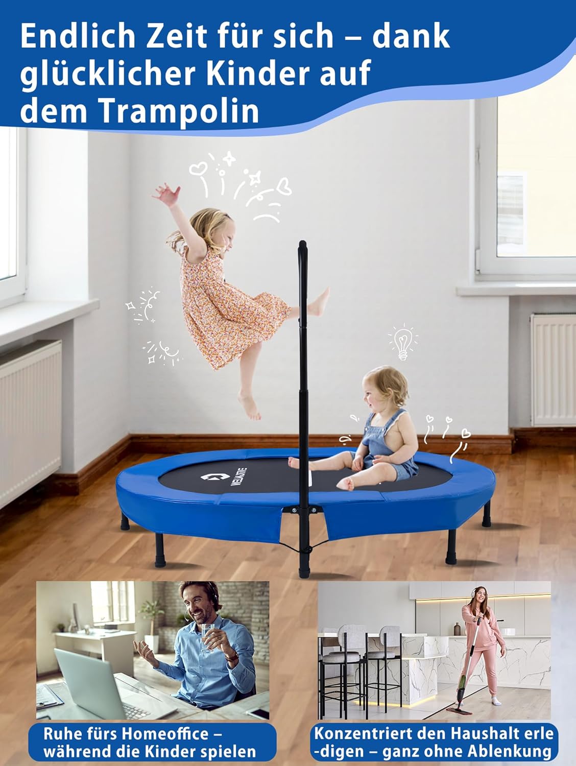 Indoor Trampolin für 2 Personen, Dunkelblau mit Griff