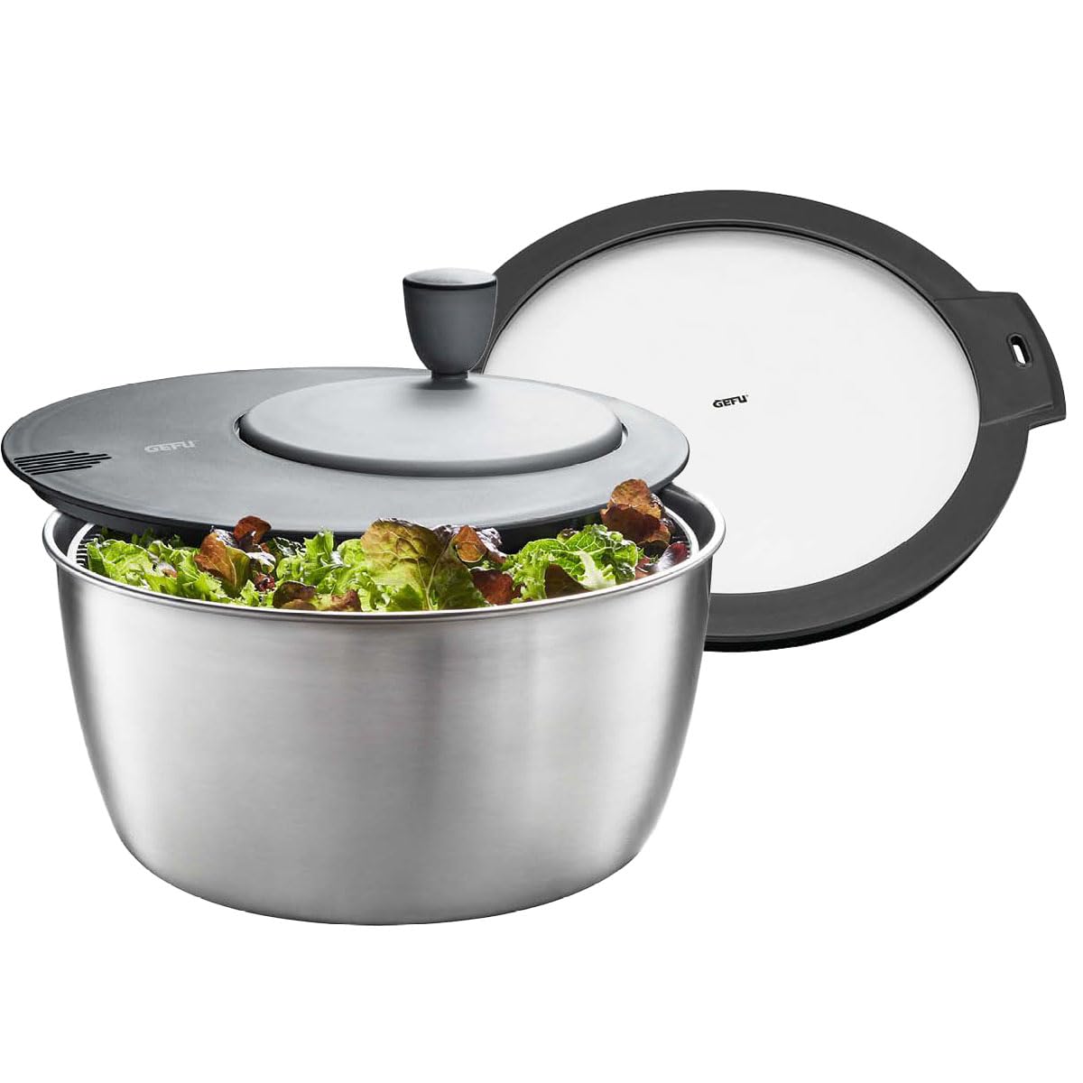 Salatschleuder Rotare mit Frischhaltedeckel, 3l & Deckel Silber + Frischhaltedeckel