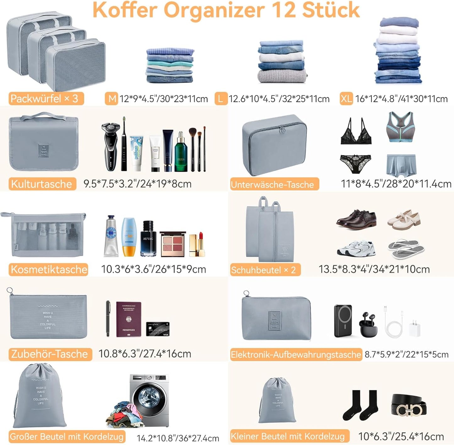 12-teiliges Koffer-Organizer-Set, Grau, 12stk