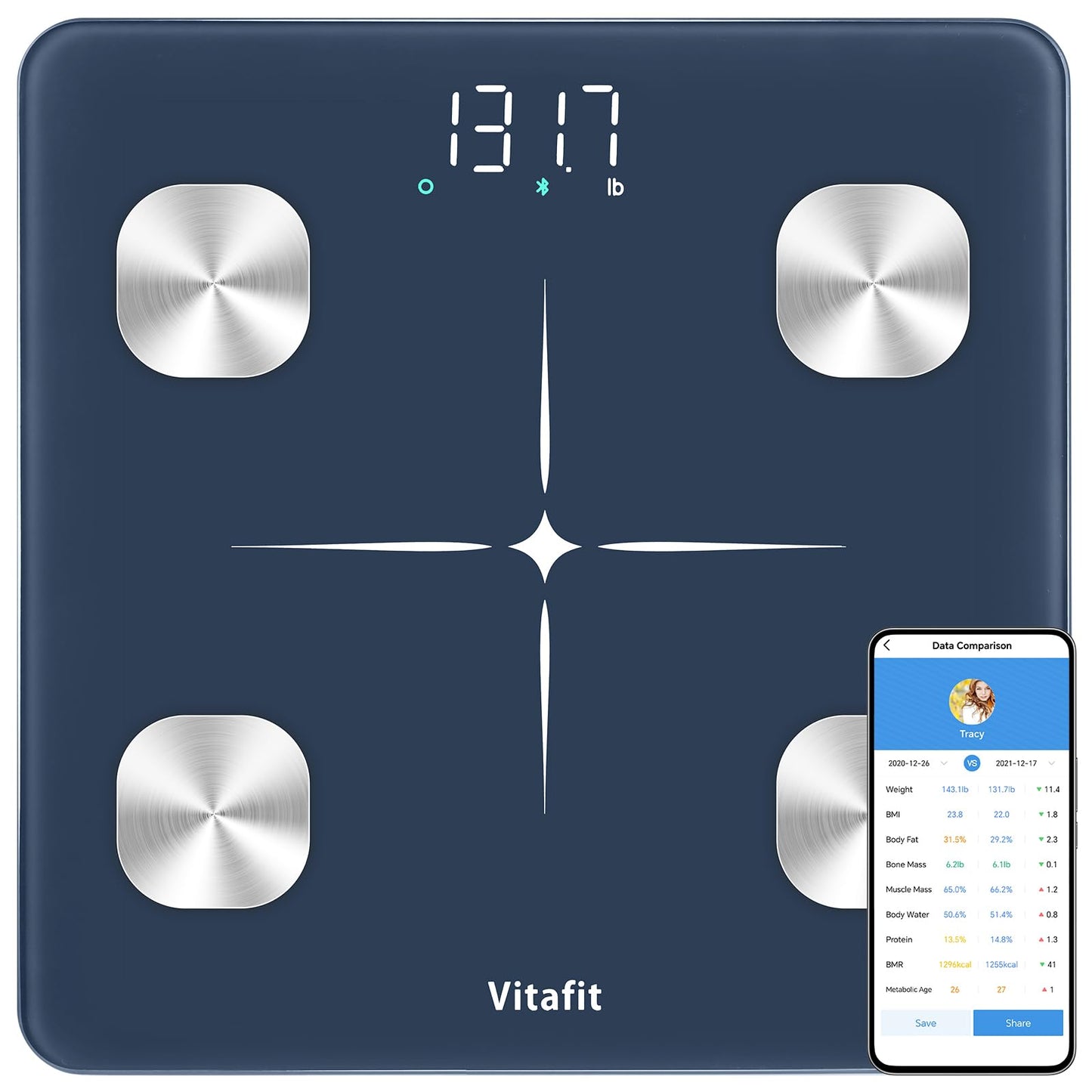 Körperfettwaage mit App und Bluetooth (bis 180kg), Blue