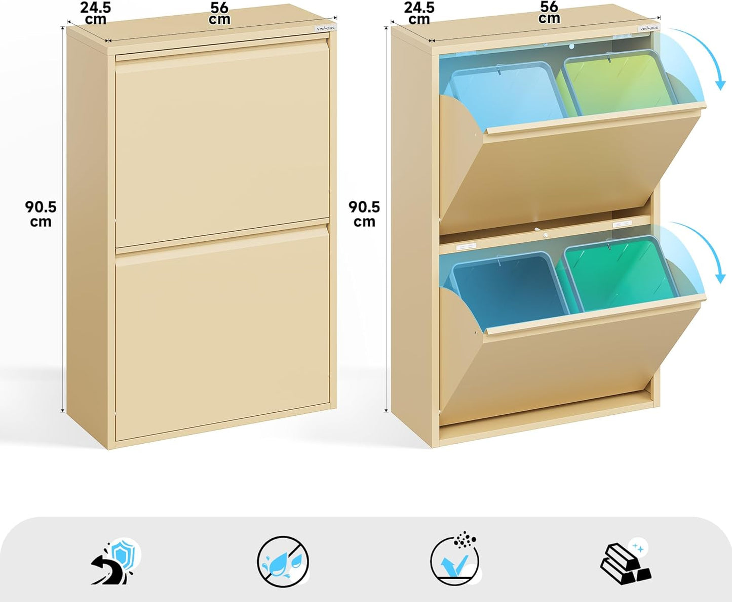 Küchen Mülltrennsystem mit Klappdeckel, 4x15L, Beige, 4 X 15 L