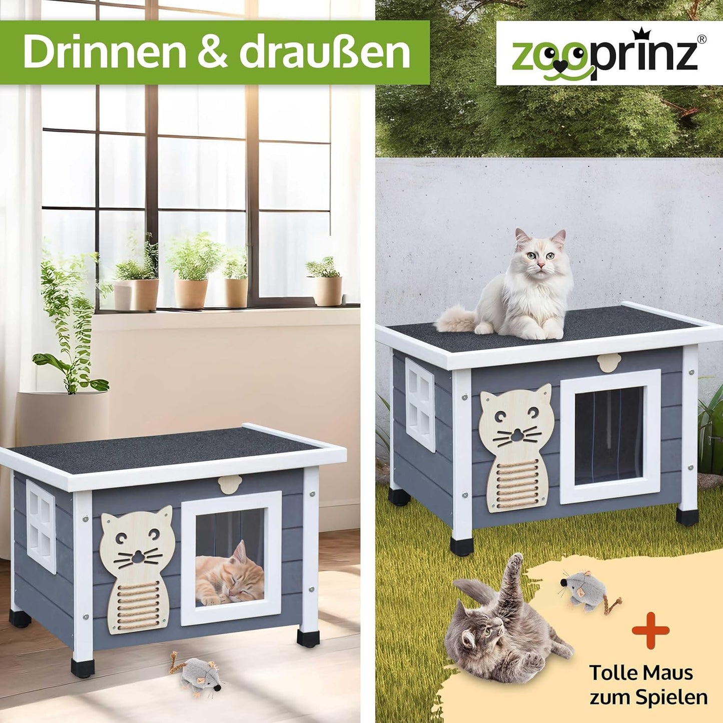 Katzenhaus mit Schwingtür und Fenster, Grau-Weiß Standard