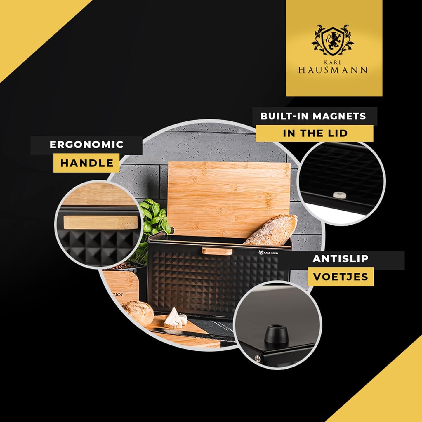 Brotkasten mit Bambusdeckel & Magnetverschluss, Schwarz