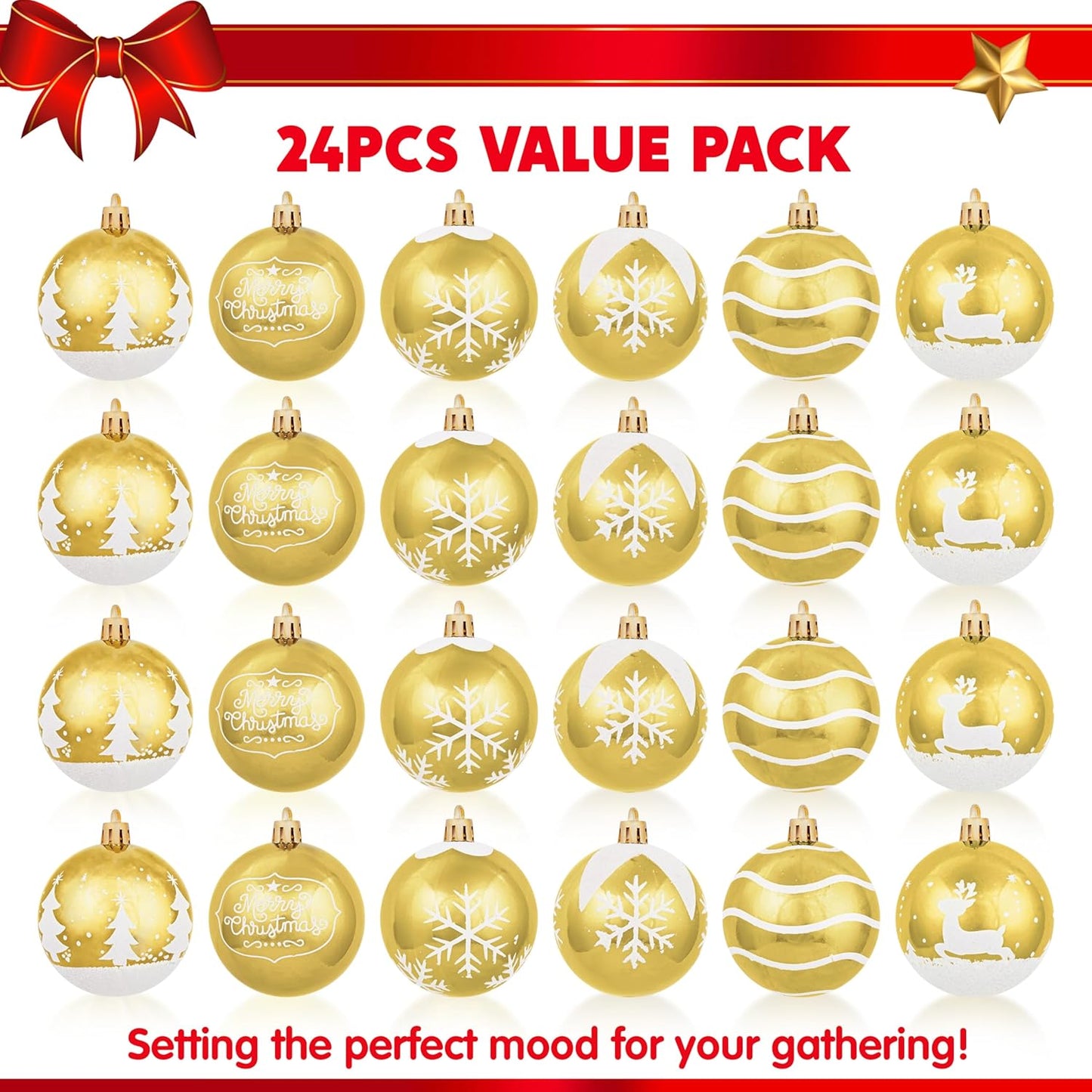 Weihnachtskugel-Ornament-Set, bruchsicher, Gold 24