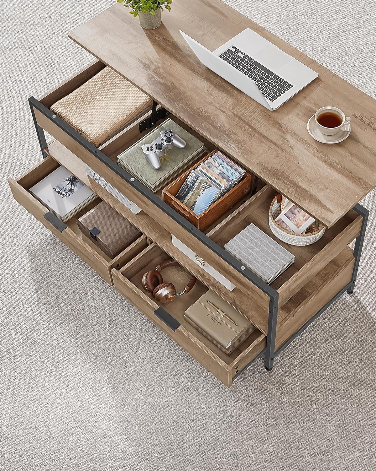 Höhenverstellbarer Couchtisch mit Schubladen und Fach, 50 cm x 120 cm Kamelbraun + Tintenschwarz