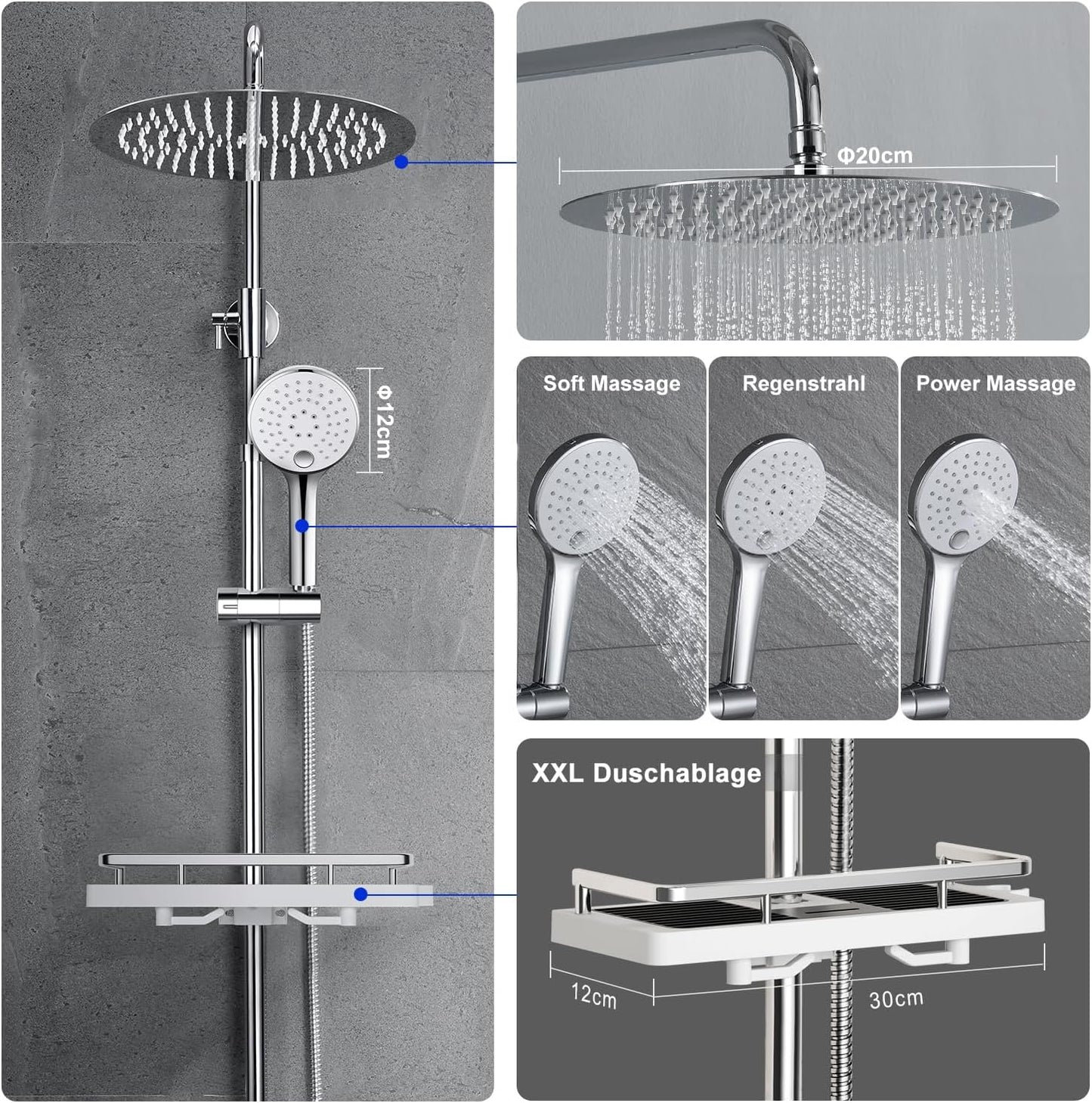 D20 Regendusche Duschsystem mit Ablage, D20 mit Ablage CP Chrom