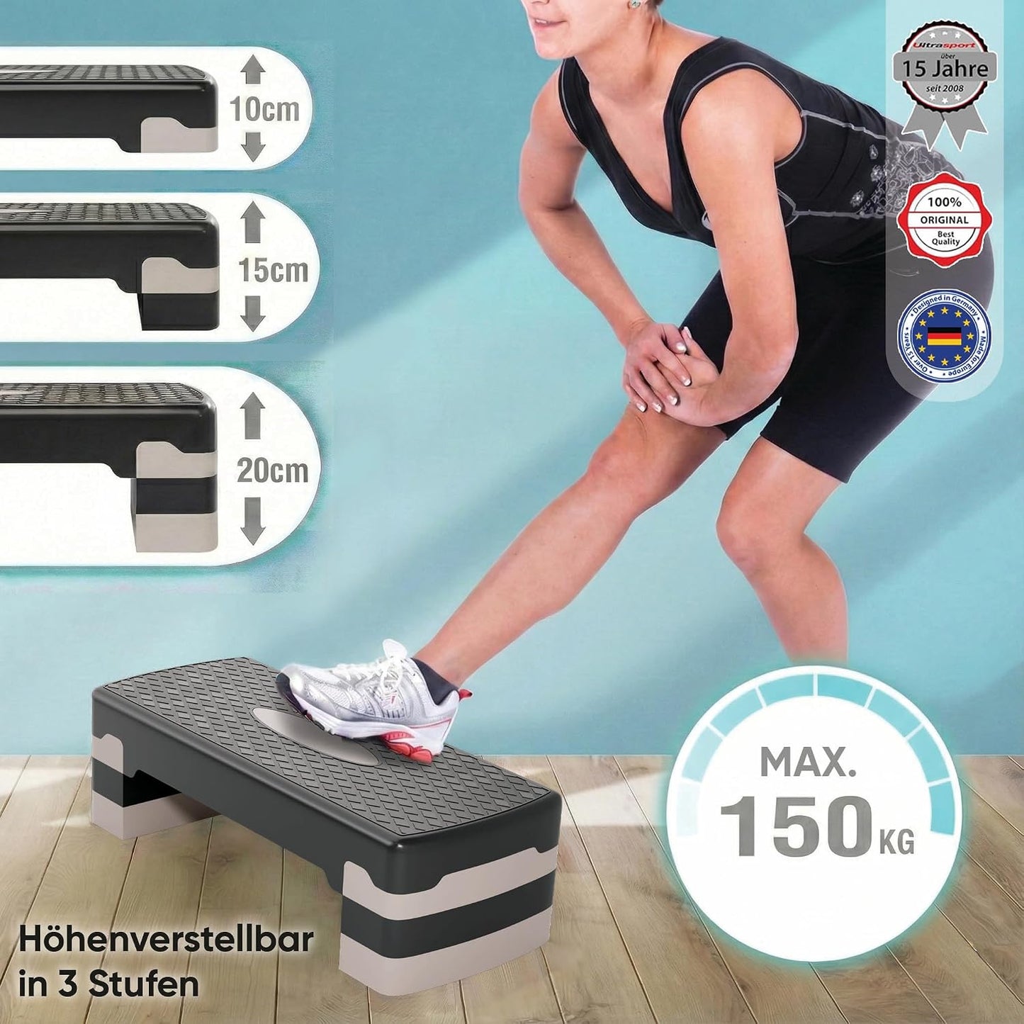 Höhenverstellbares Aerobic Steppbrett für Zuhause, Schwarz–Kühlgrau 3-fach Höhenverstellbar