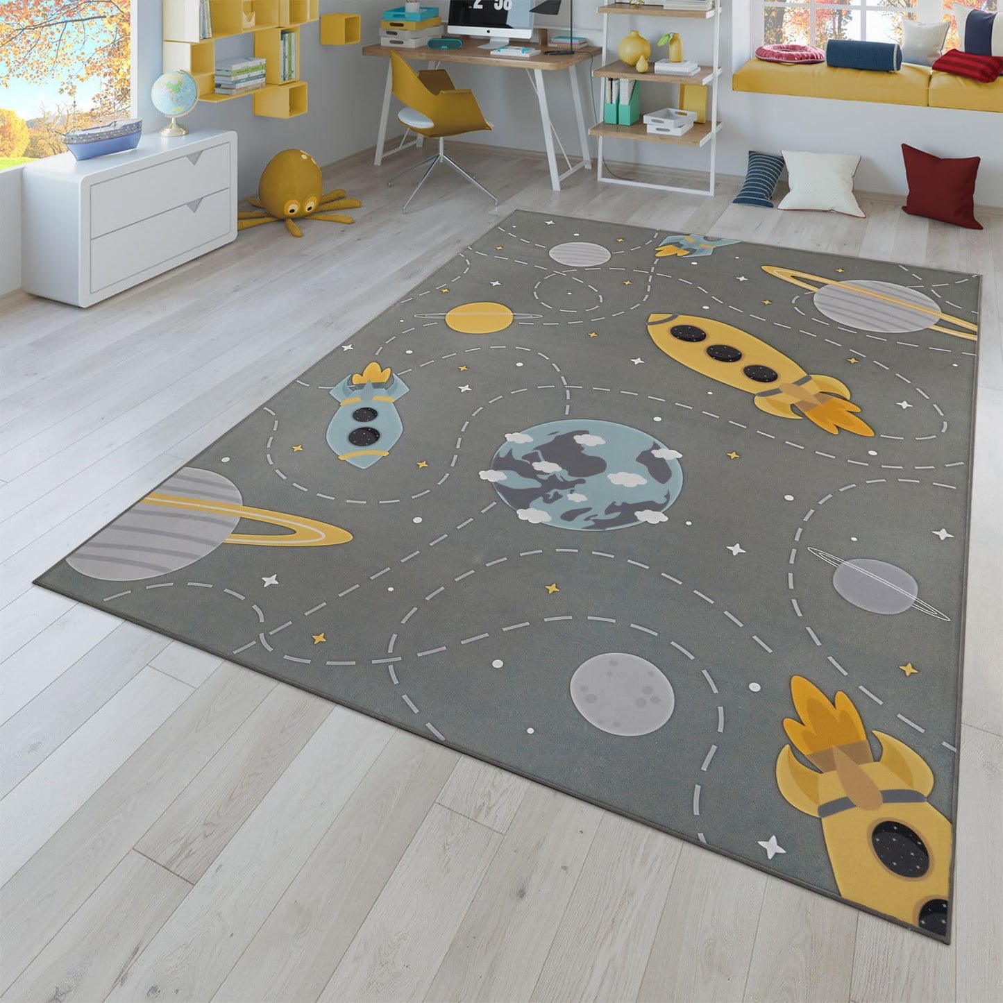 Rutschfester Kinderteppich mit Planeten Sterne Raketen, 80 x 150 cm Grau Blau Gelb
