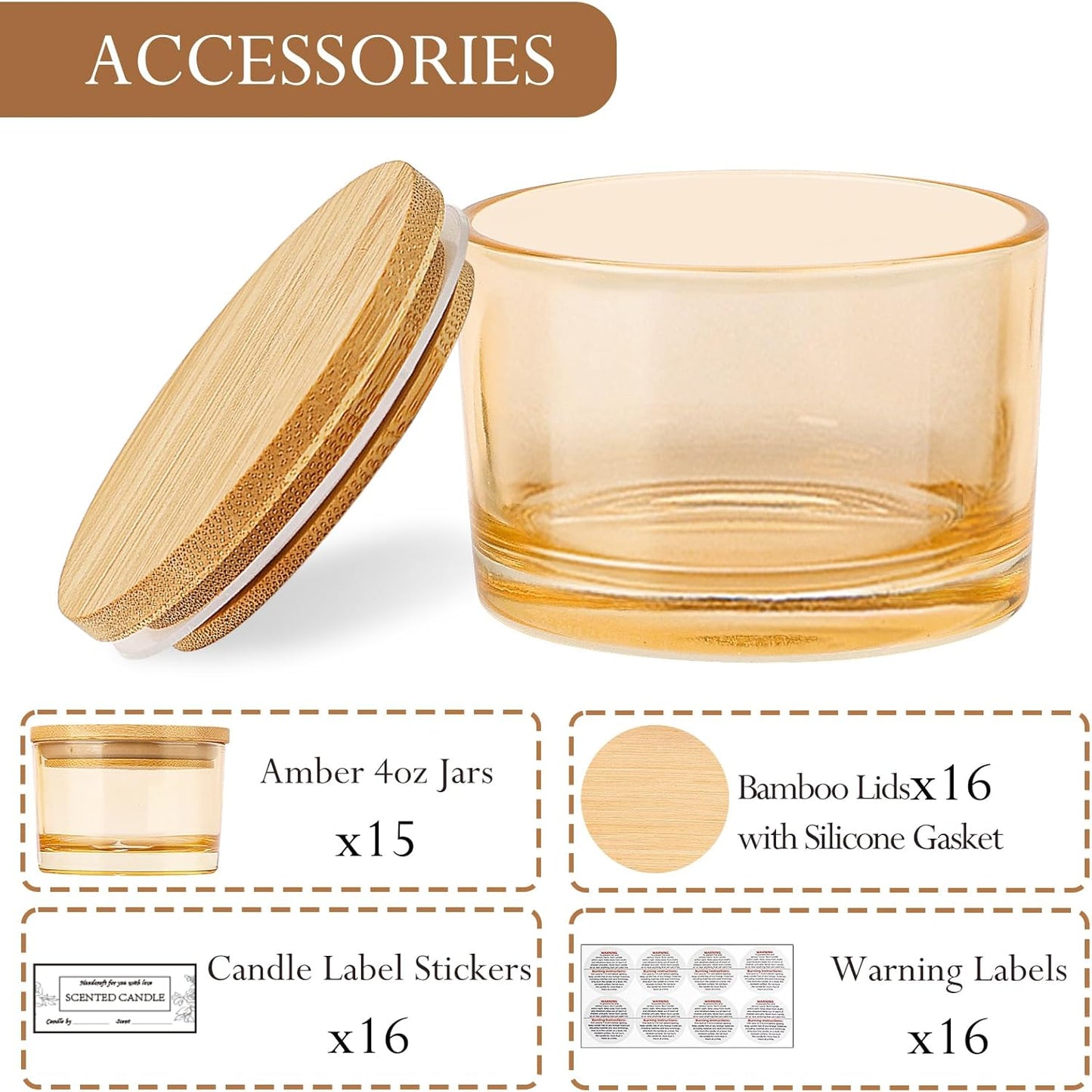 Kerzengläser-Set mit Bambusdeckeln, Amber/Champagner