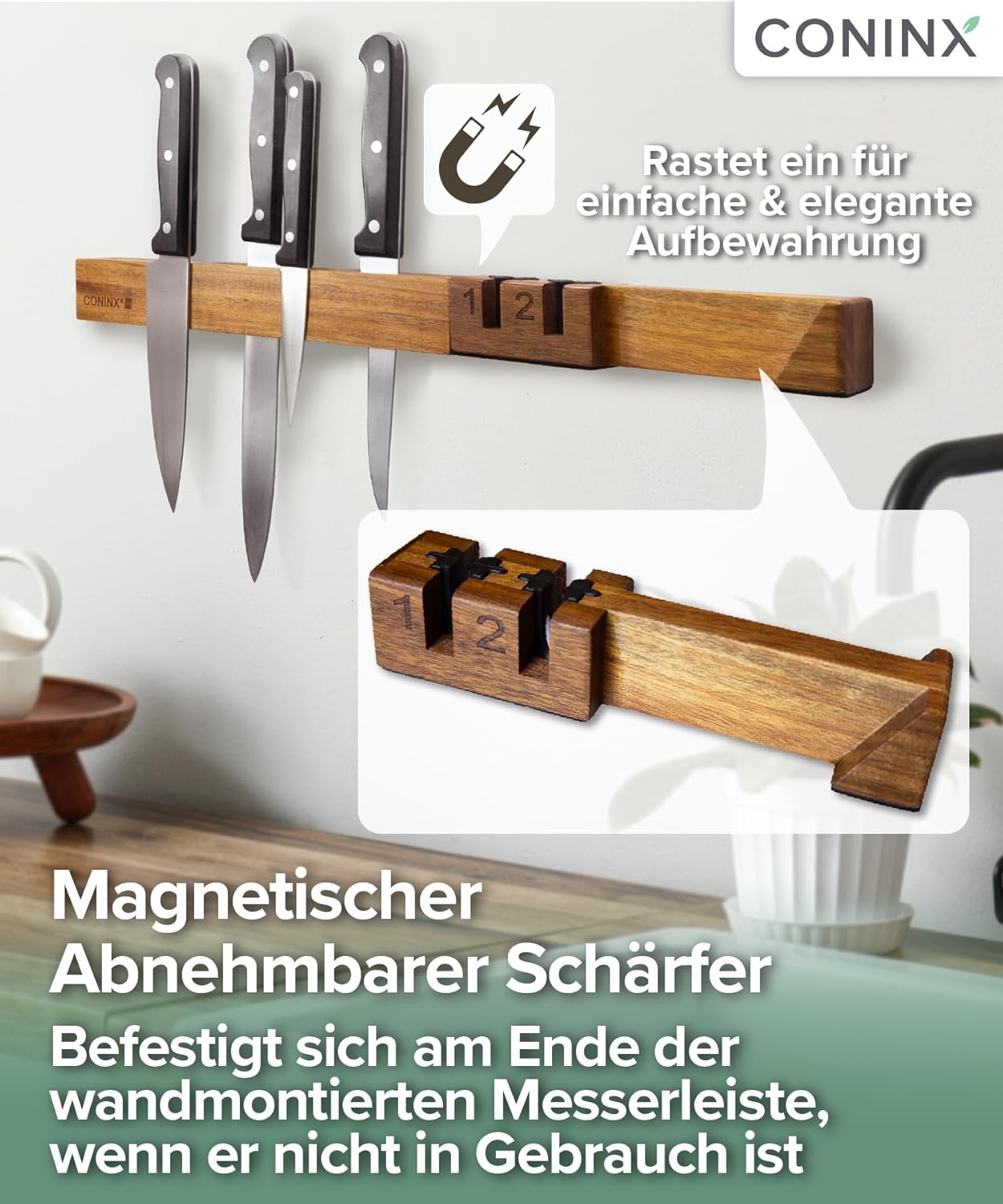 Magnetische Messerleiste mit Doppelschärfer, Akazien mit Schärfer