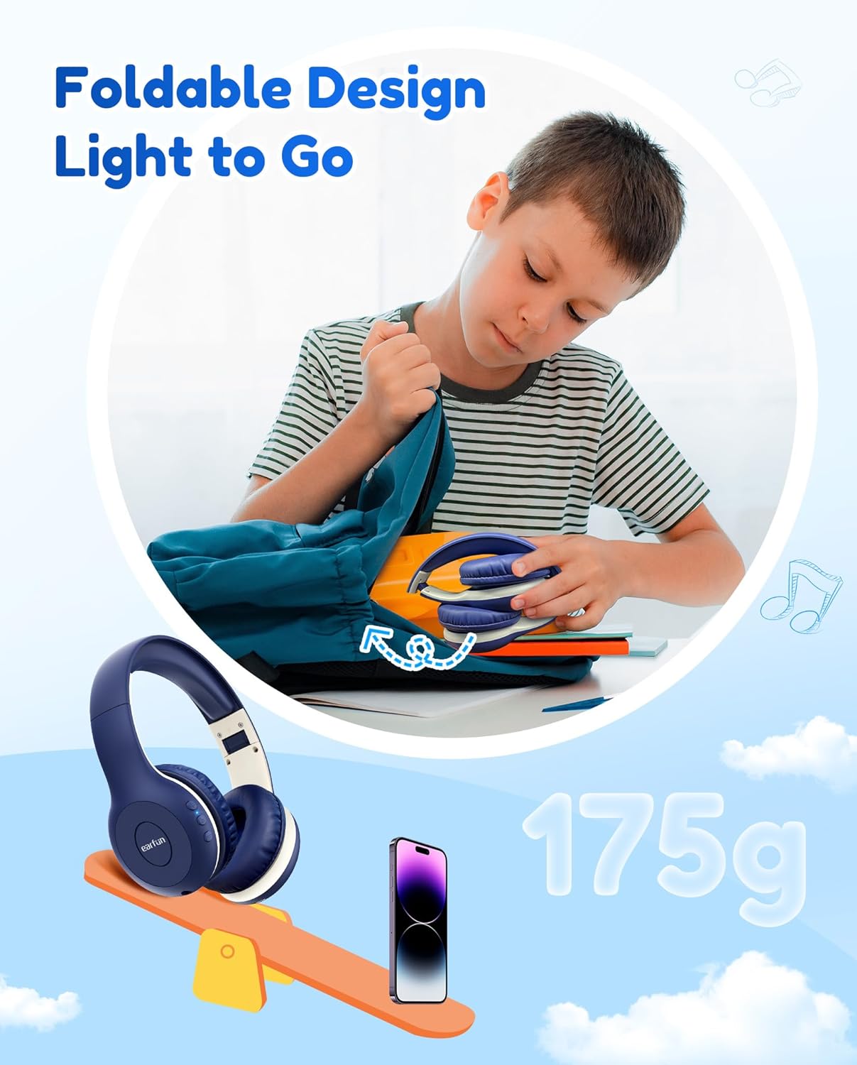 Bluetooth Kopfhörer für Kinder, faltbar, 85/94dBA Marineblau