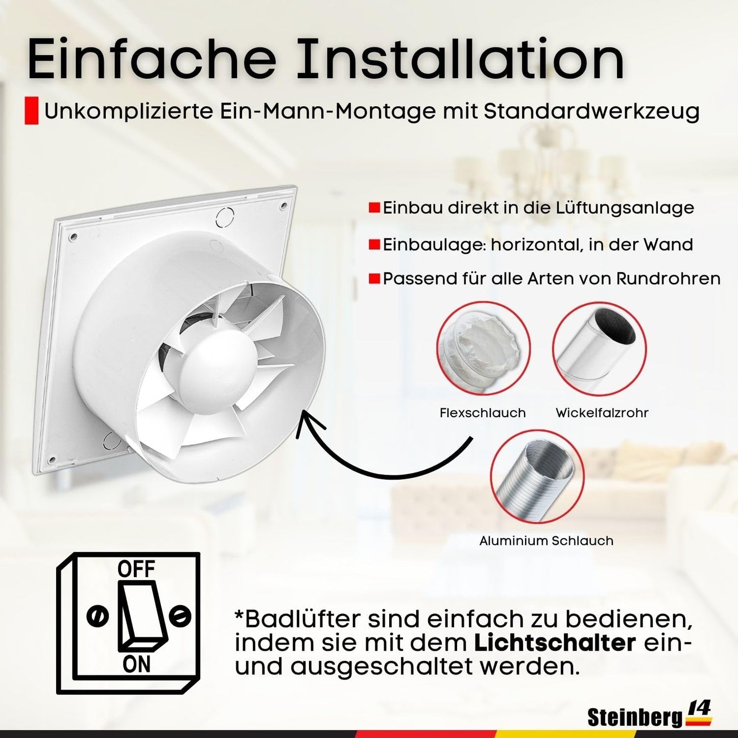 Abluftventilator für Bad und Küche, Ø 150mm Weiß
