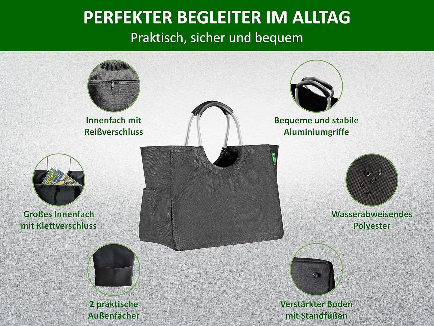 Faltbare Einkaufstasche aus recyceltem Material, Schwarz L