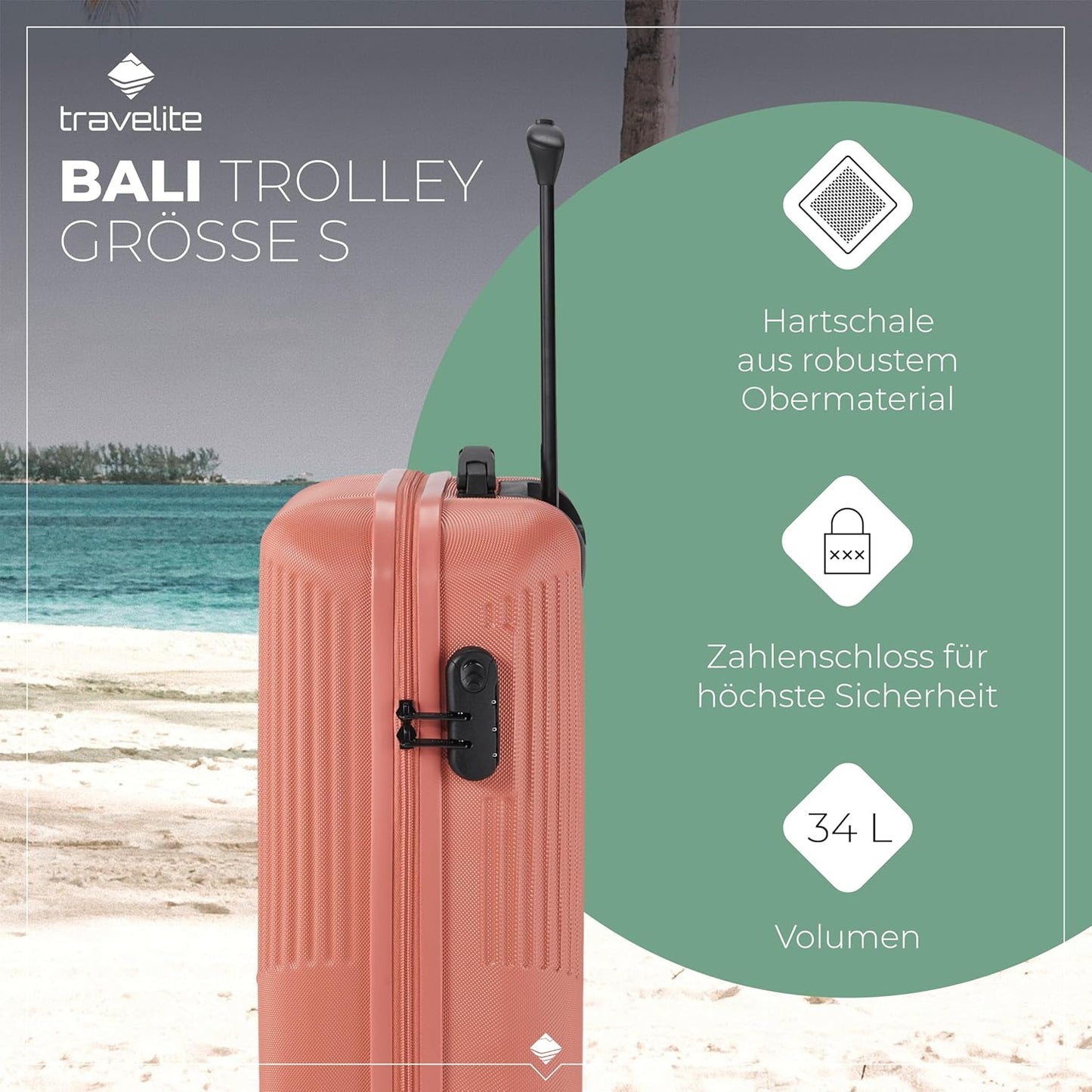 Kollektion Bali Handgepäck Hartschalentrolley mit 4 Doppelrollen & Zahlenschloss, Koralle Trolley Handgepäck (55 cm)