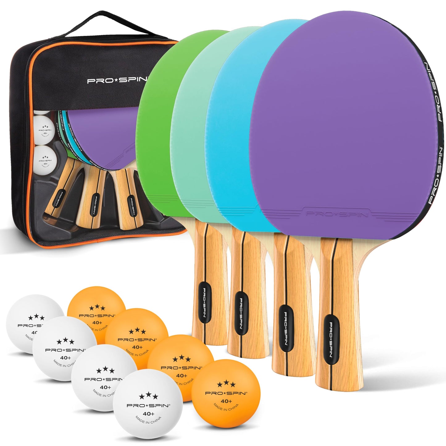 Tischtennisschläger-Set für 4 Spieler, Set für 4 Spieler | Lila/Blau/Mint/Grün