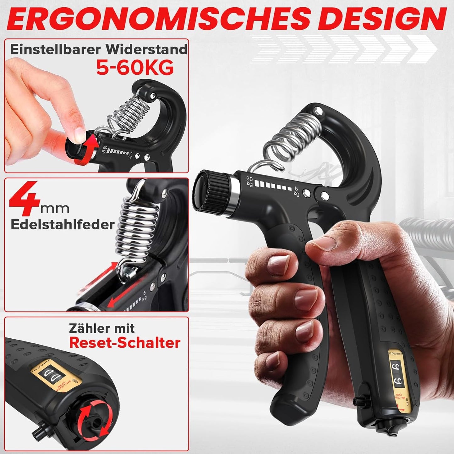 5-teiliges Griffkraft-Trainingsgerät-Set, Schwarz 5er Set