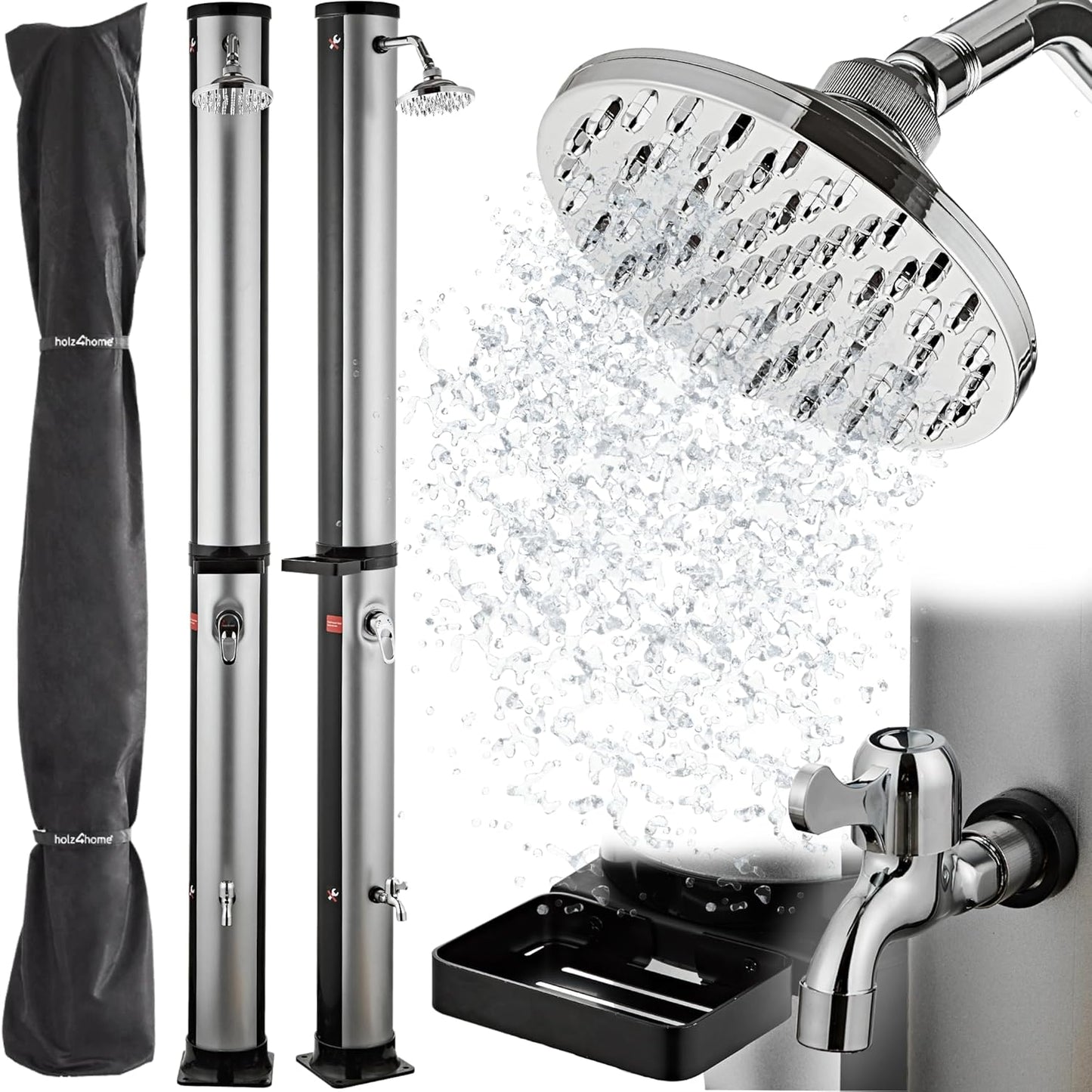 Solardusche mit Warmwasserfunktion inkl. Schutzhaube, Wasserhahn und Seifenablage, 35 L