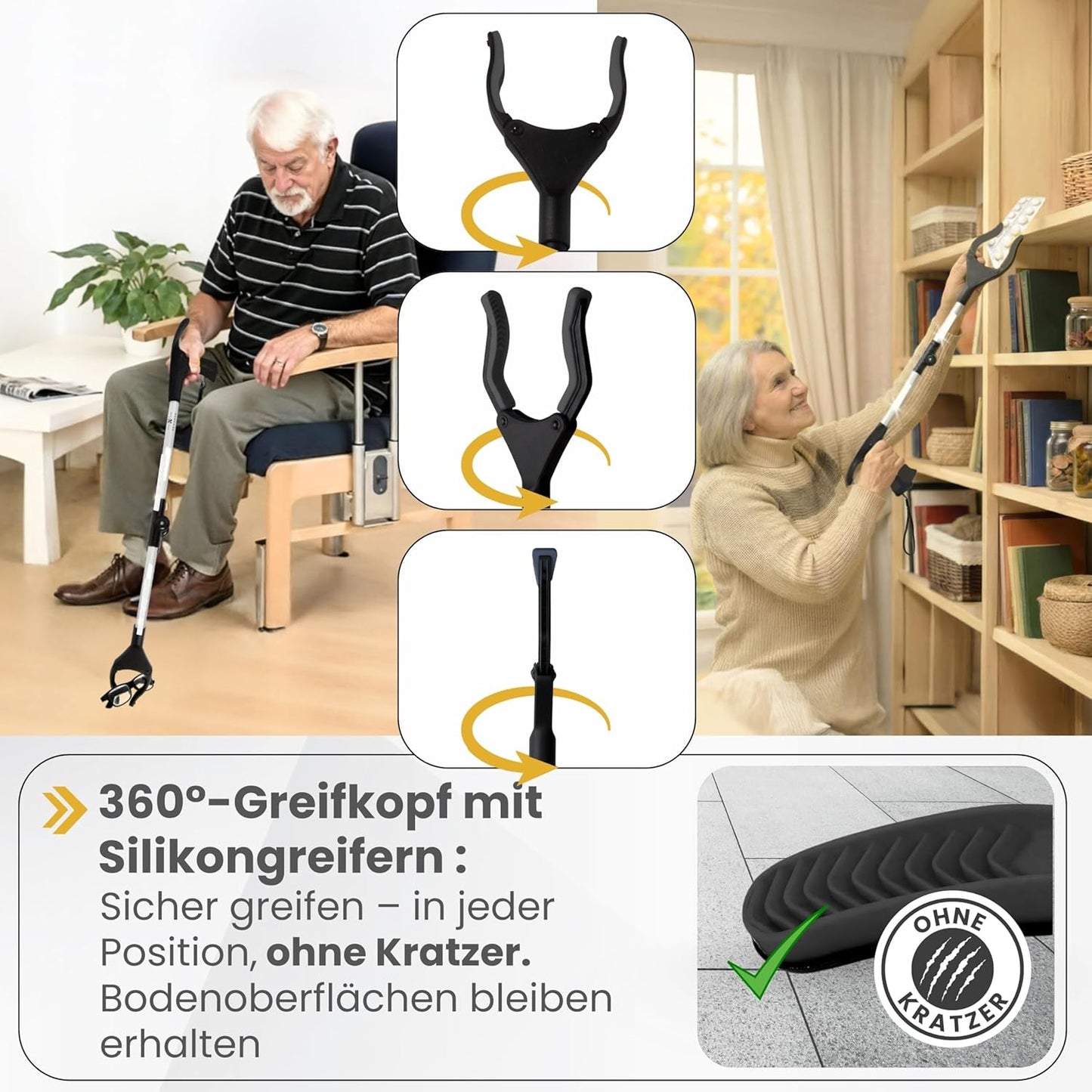 Faltbare Greifzange mit Schuhanzieher, Schwarz Silber