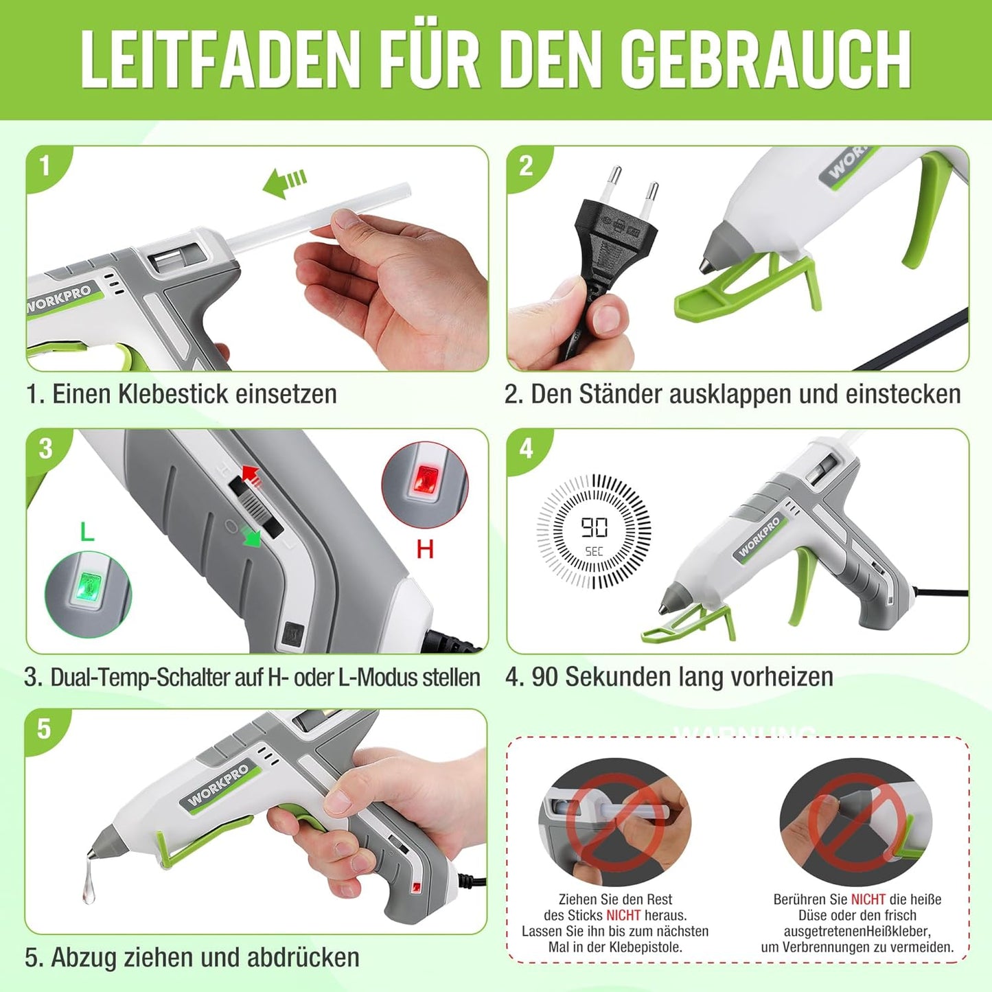 Heissklebepistole inkl. 10 Klebesticks, Grün